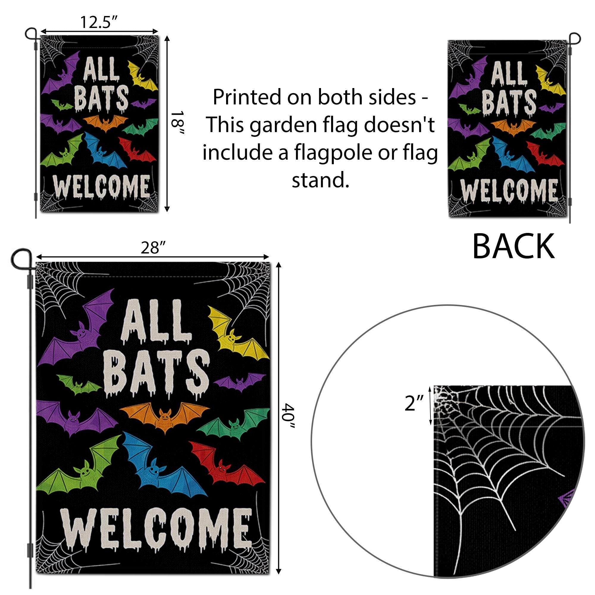 All Bats Welcome Garden Flag, Halloween Yard Decor, Cute Spooky Outdoor Sign, Colorful Bat Flag, Funny Fall Porch Decoration