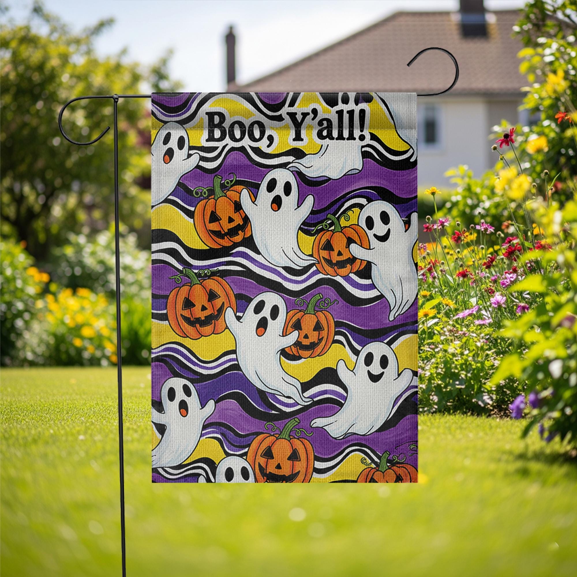 Boo Y’all Garden Flag, Cute Ghost and Pumpkin Halloween Decor, Funny Southern Fall Yard Flag, Outdoor Spooky Holiday Sign