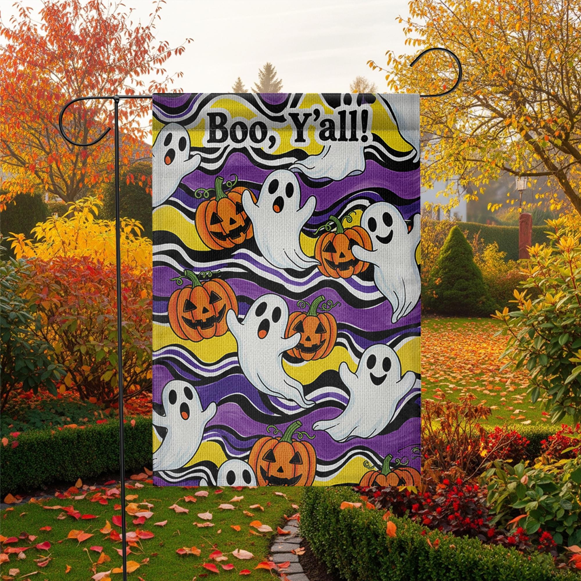 Boo Y’all Garden Flag, Cute Ghost and Pumpkin Halloween Decor, Funny Southern Fall Yard Flag, Outdoor Spooky Holiday Sign