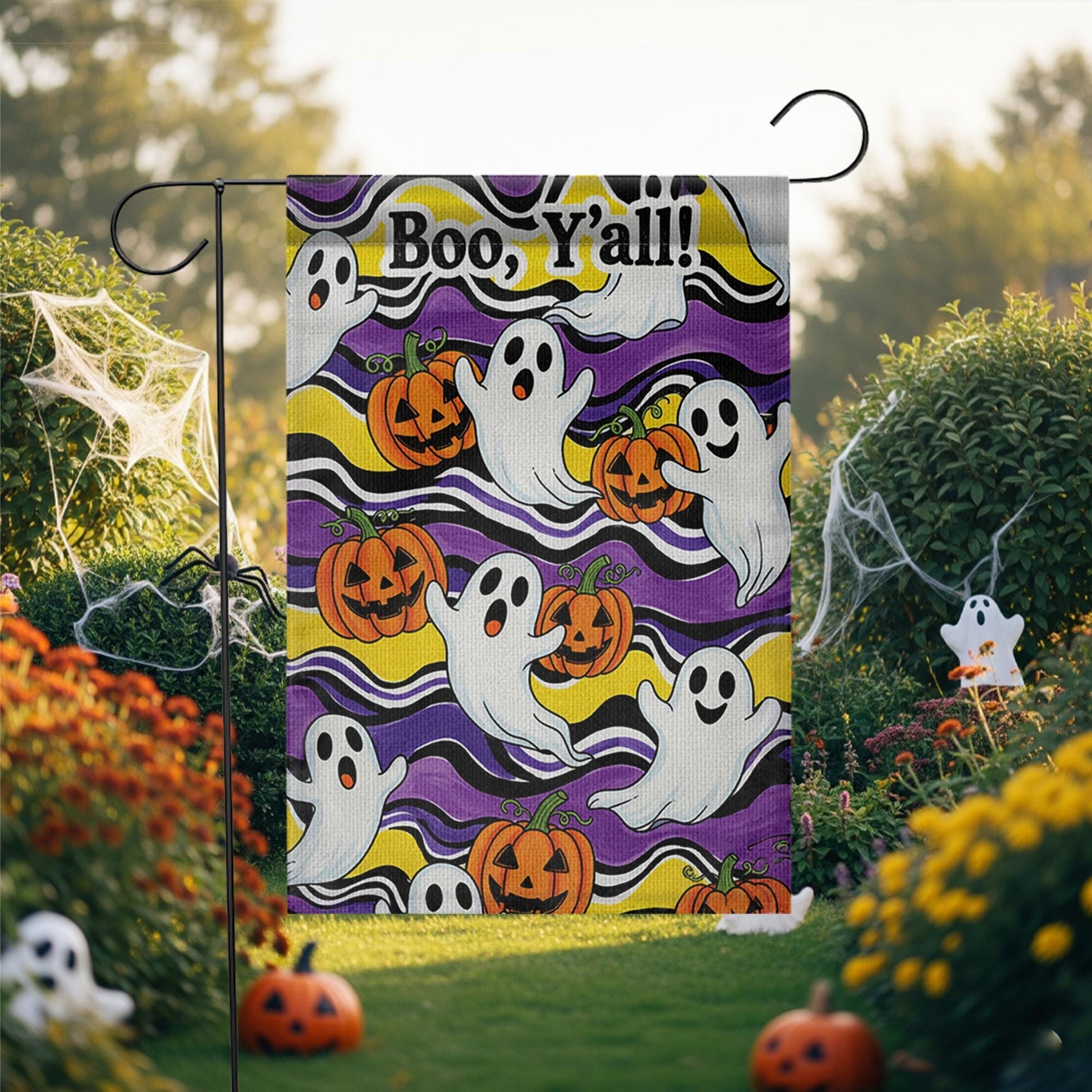 Boo Y’all Garden Flag, Cute Ghost and Pumpkin Halloween Decor, Funny Southern Fall Yard Flag, Outdoor Spooky Holiday Sign