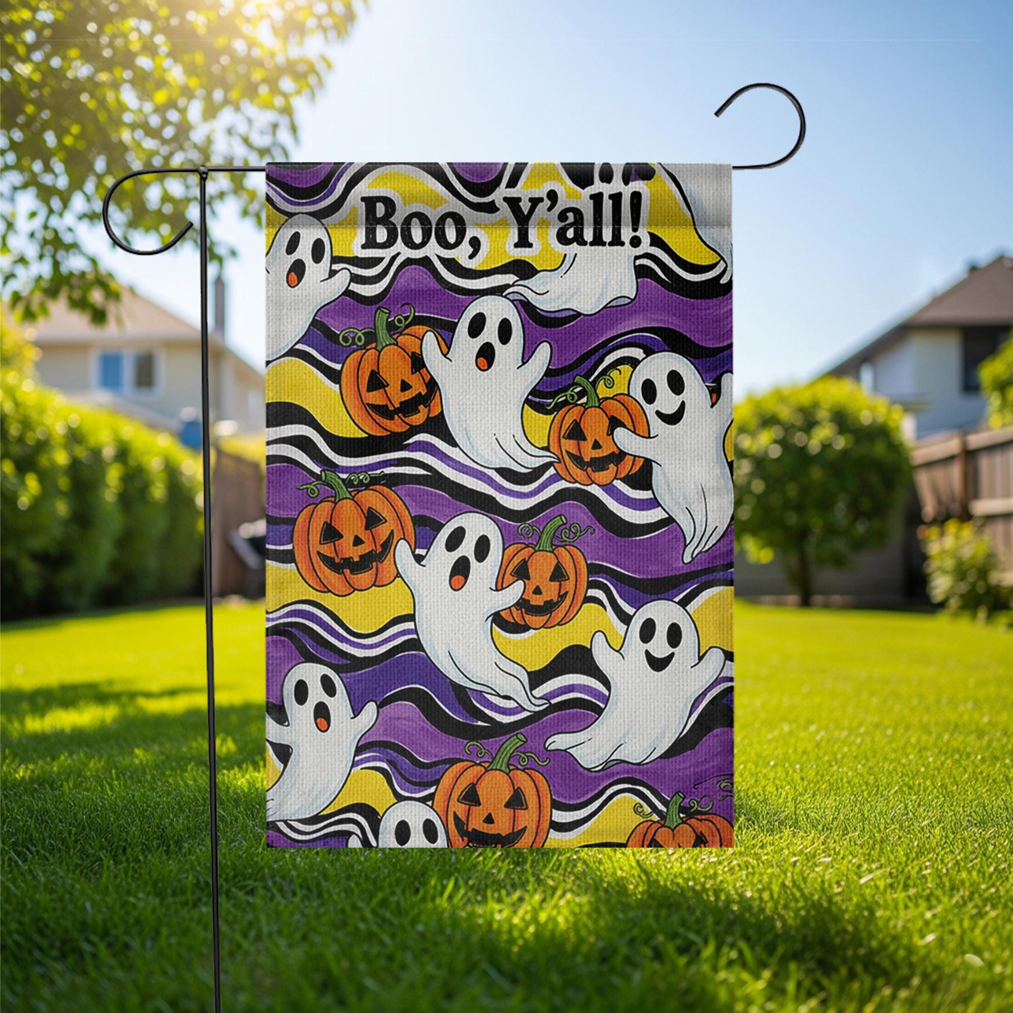 Boo Y’all Garden Flag, Cute Ghost and Pumpkin Halloween Decor, Funny Southern Fall Yard Flag, Outdoor Spooky Holiday Sign
