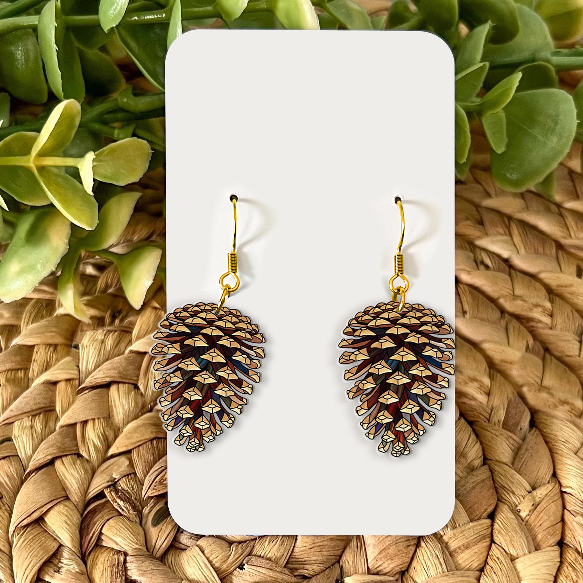 Faux Stained Glass Pine Cone Earrings – Woodland Nature Jewelry, Fall Forest Charm, Rustic Holiday Accessory, Winter Cabin Style