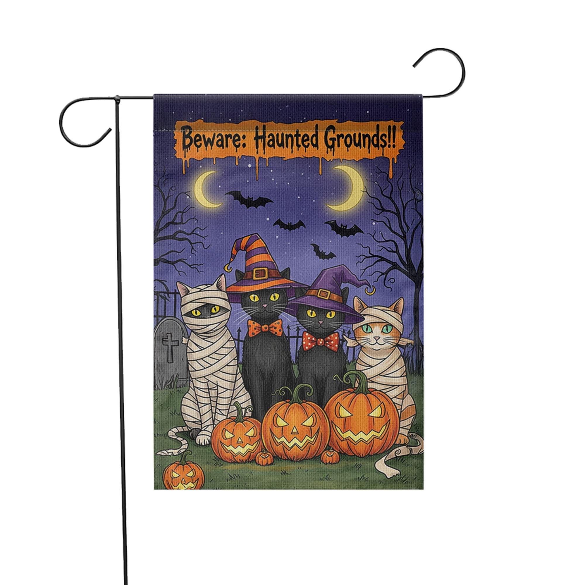 Haunted Grounds Garden Flag, Halloween Cat Yard Decor, Spooky Pumpkin Outdoor Sign, Witch Cat Garden Flag, Fall Porch Decoration