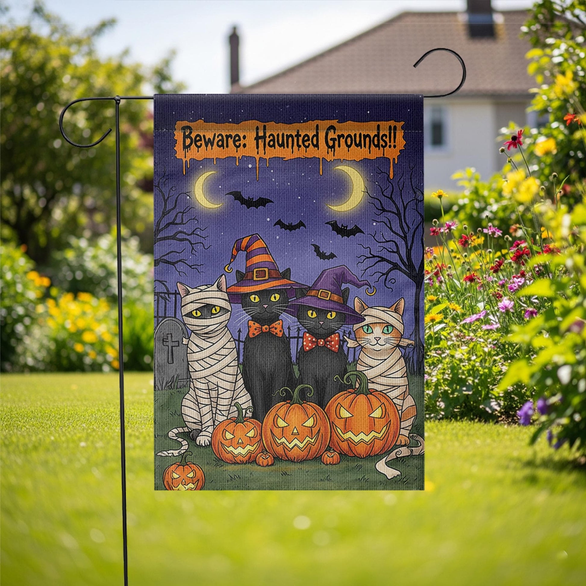 Haunted Grounds Garden Flag, Halloween Cat Yard Decor, Spooky Pumpkin Outdoor Sign, Witch Cat Garden Flag, Fall Porch Decoration