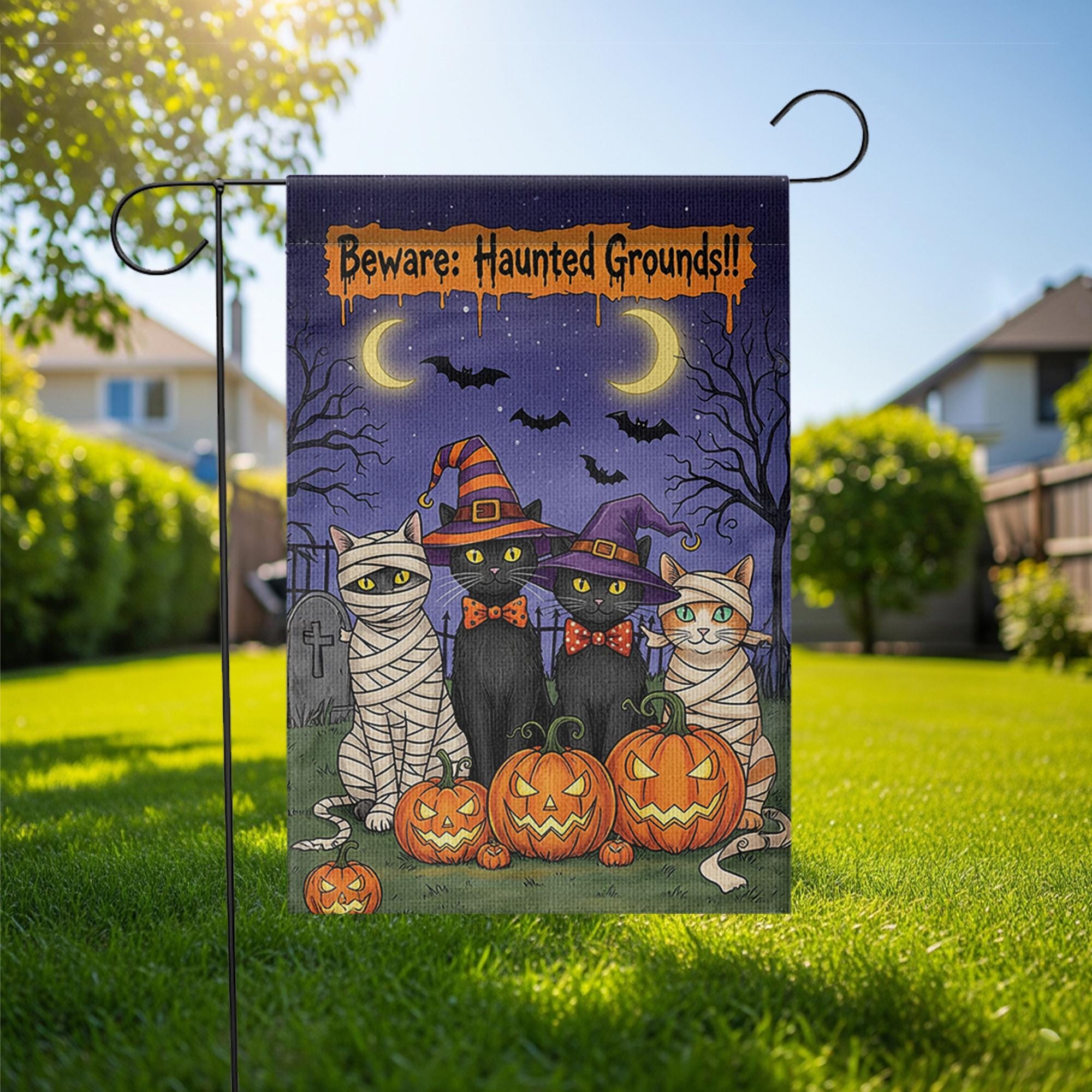 Haunted Grounds Garden Flag, Halloween Cat Yard Decor, Spooky Pumpkin Outdoor Sign, Witch Cat Garden Flag, Fall Porch Decoration