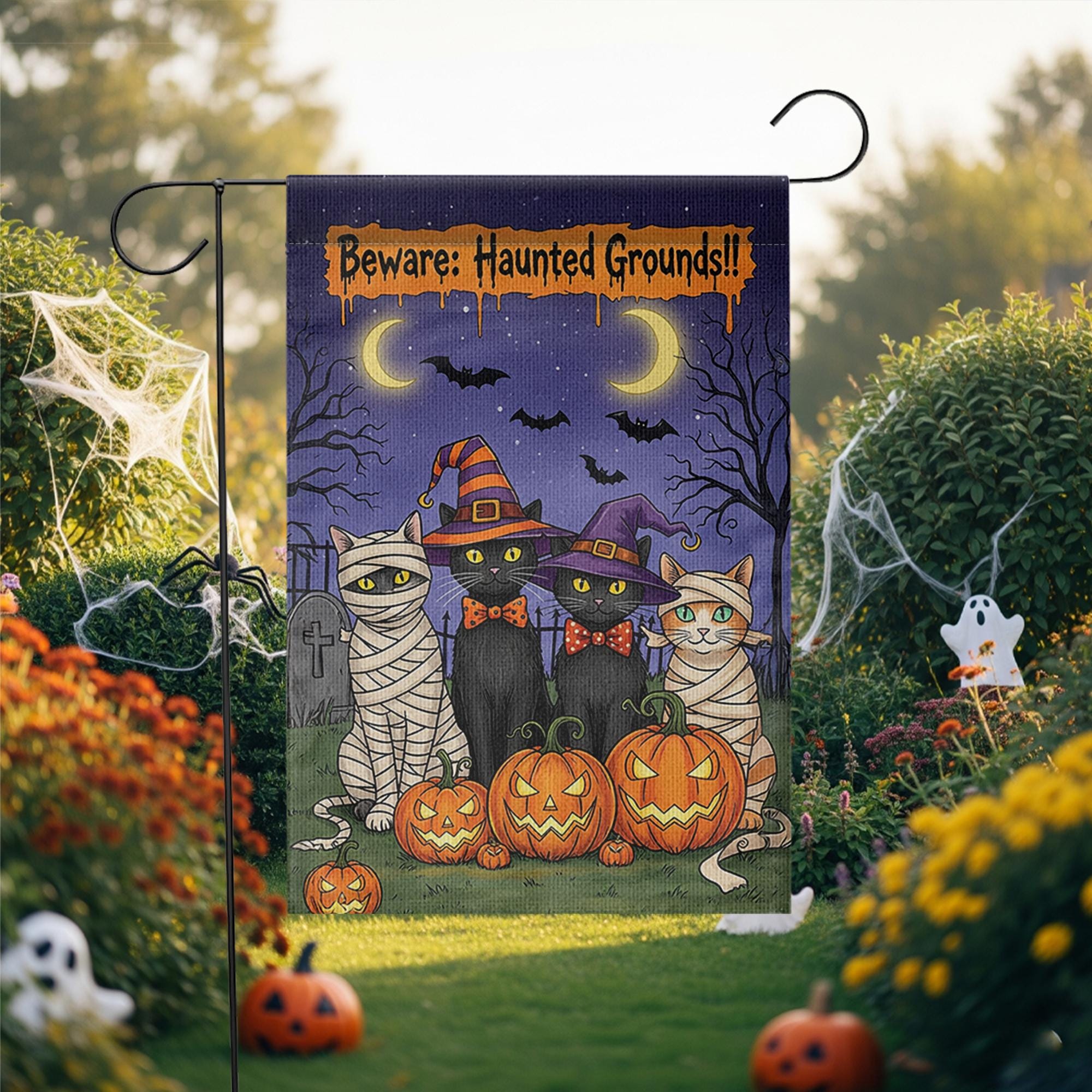 Haunted Grounds Garden Flag, Halloween Cat Yard Decor, Spooky Pumpkin Outdoor Sign, Witch Cat Garden Flag, Fall Porch Decoration
