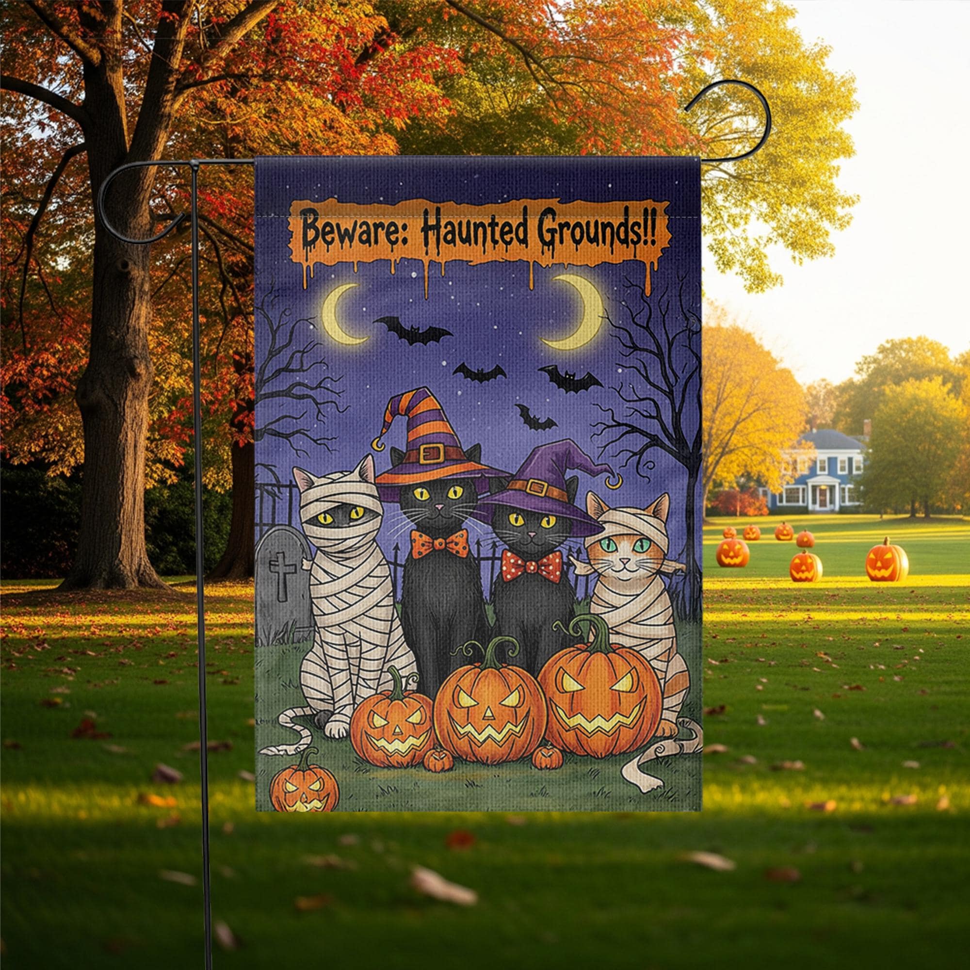 Haunted Grounds Garden Flag, Halloween Cat Yard Decor, Spooky Pumpkin Outdoor Sign, Witch Cat Garden Flag, Fall Porch Decoration