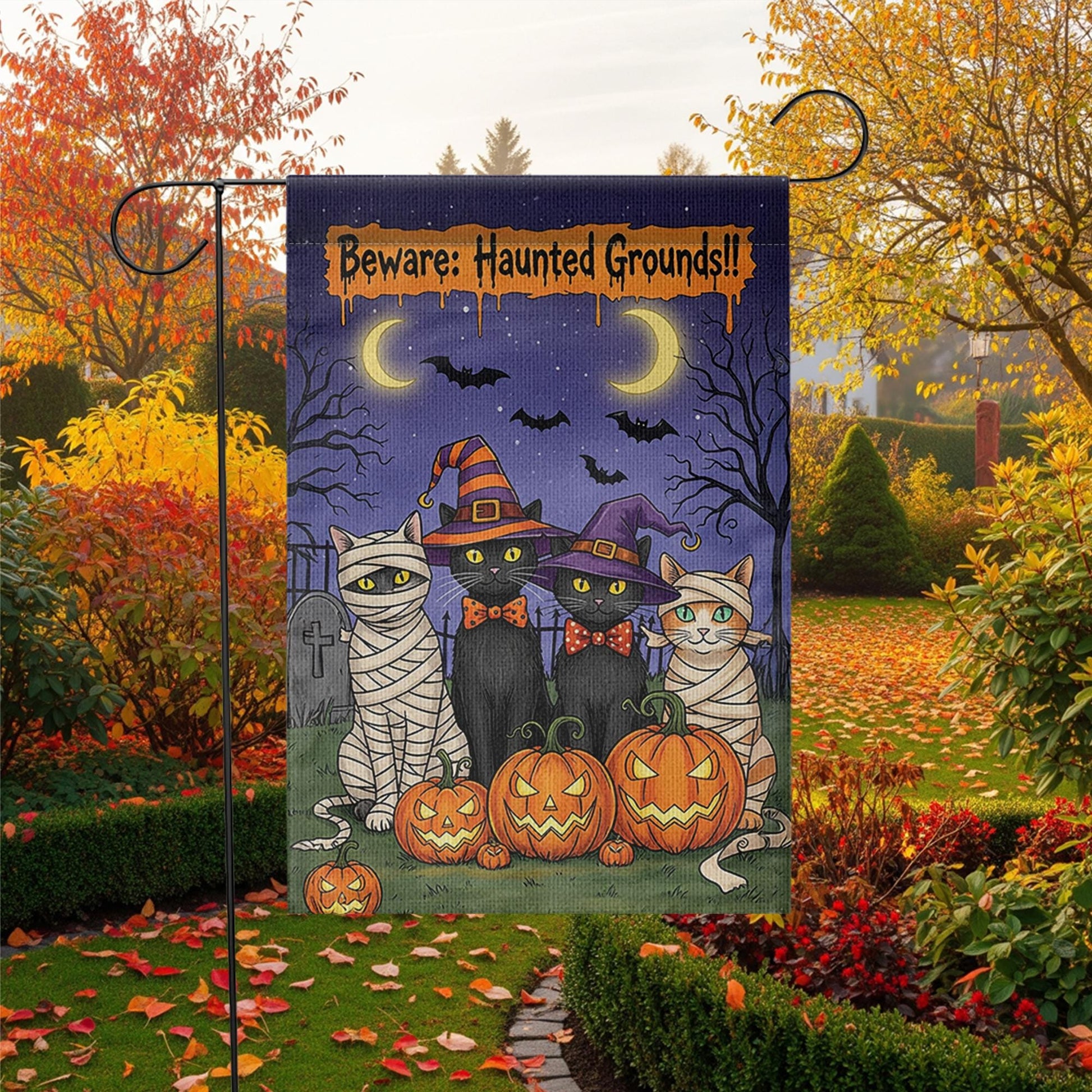 Haunted Grounds Garden Flag, Halloween Cat Yard Decor, Spooky Pumpkin Outdoor Sign, Witch Cat Garden Flag, Fall Porch Decoration