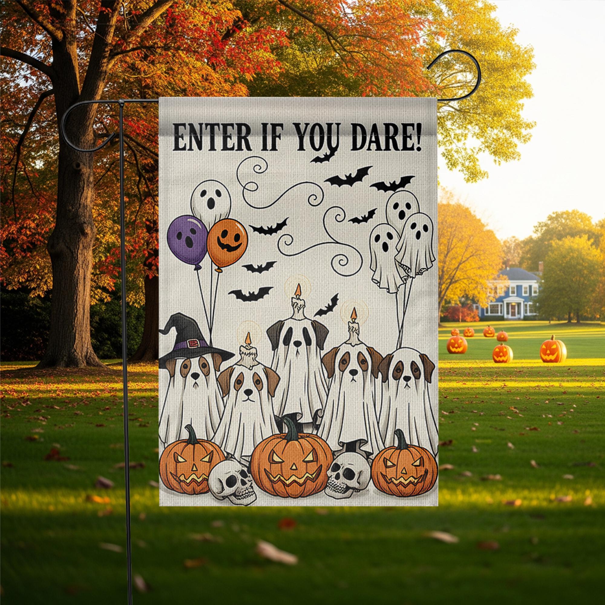 Enter If You Dare Garden Flag, Halloween Dog Ghost Decor, Funny Spooky Yard Sign, Pumpkin and Skull Fall Outdoor Decoration