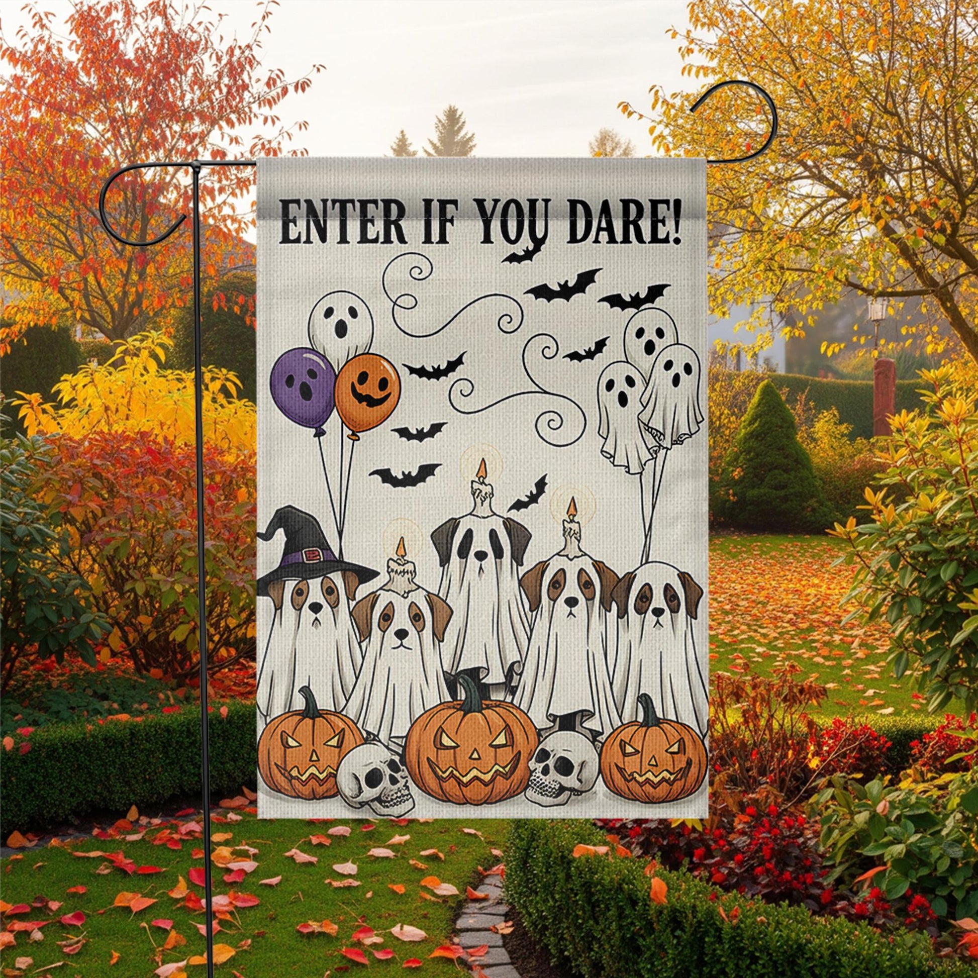 Enter If You Dare Garden Flag, Halloween Dog Ghost Decor, Funny Spooky Yard Sign, Pumpkin and Skull Fall Outdoor Decoration