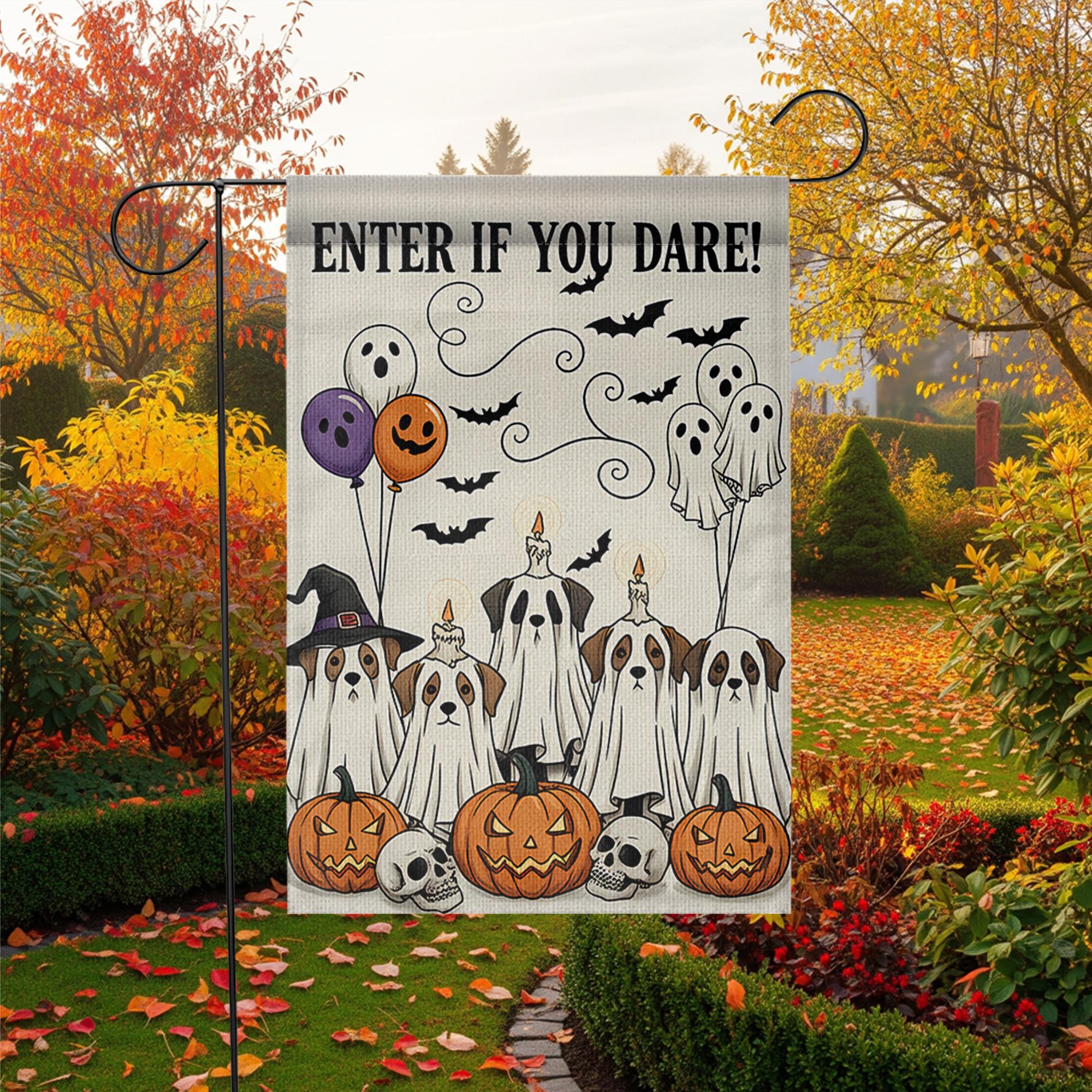 Enter If You Dare Garden Flag, Halloween Dog Ghost Decor, Funny Spooky Yard Sign, Pumpkin and Skull Fall Outdoor Decoration