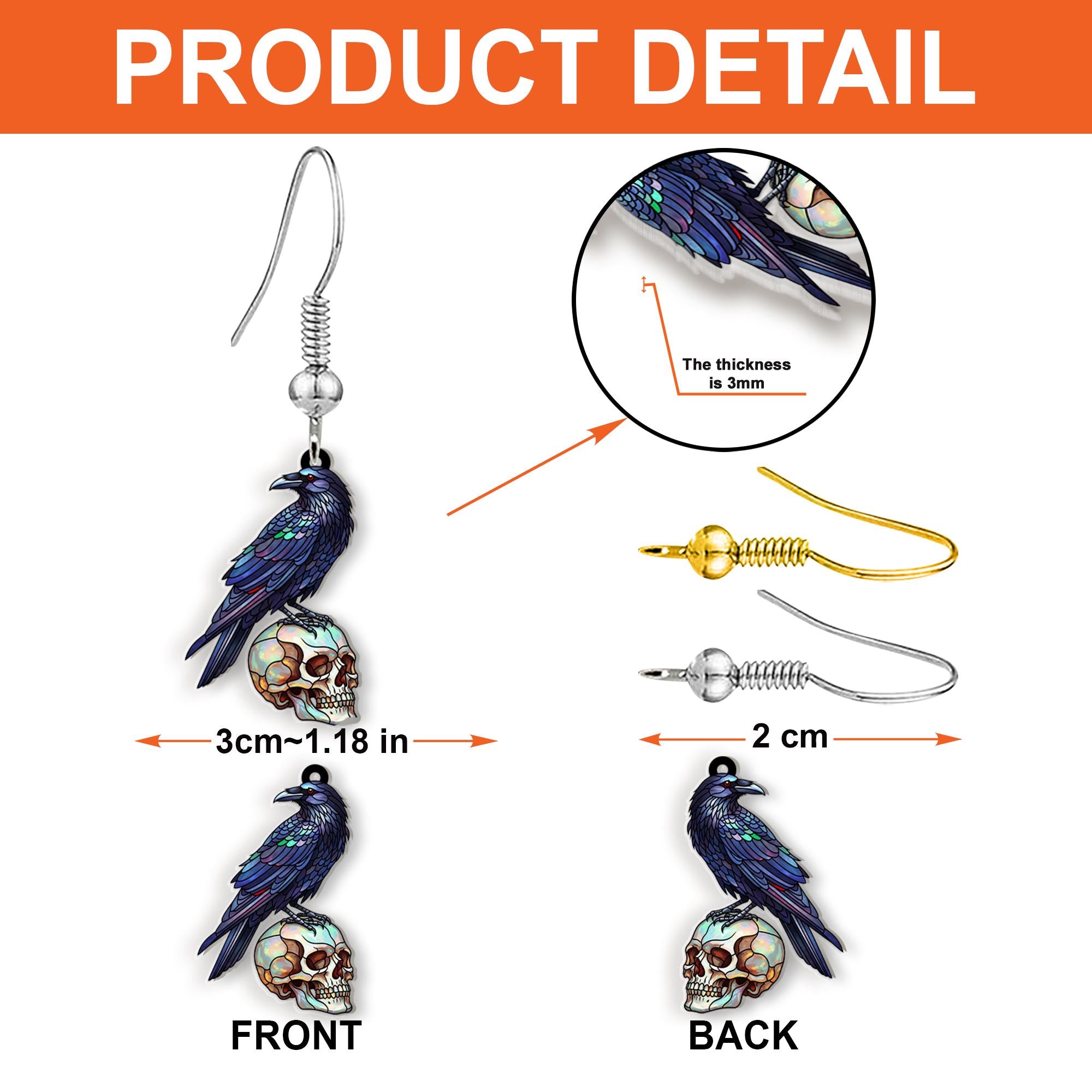 Faux Stained Glass Raven Skull Earrings – Gothic Crow Jewelry, Spooky Halloween Accessory, Dark Academia Aesthetic Gift