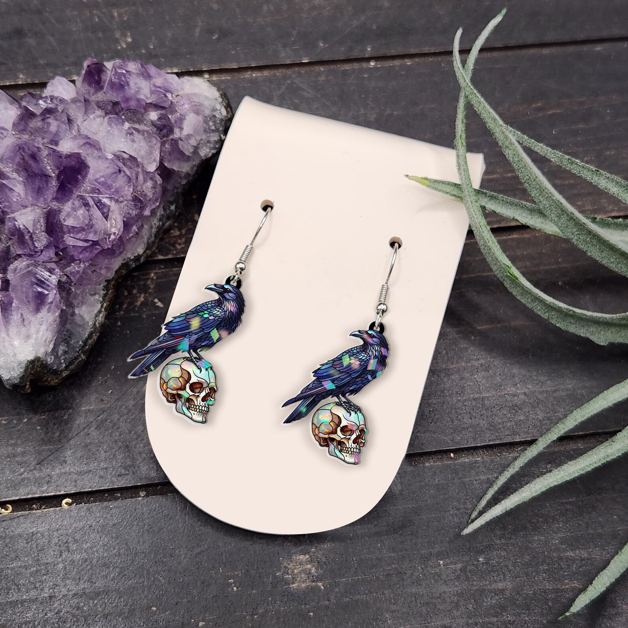 Faux Stained Glass Raven Skull Earrings – Gothic Crow Jewelry, Spooky Halloween Accessory, Dark Academia Aesthetic Gift