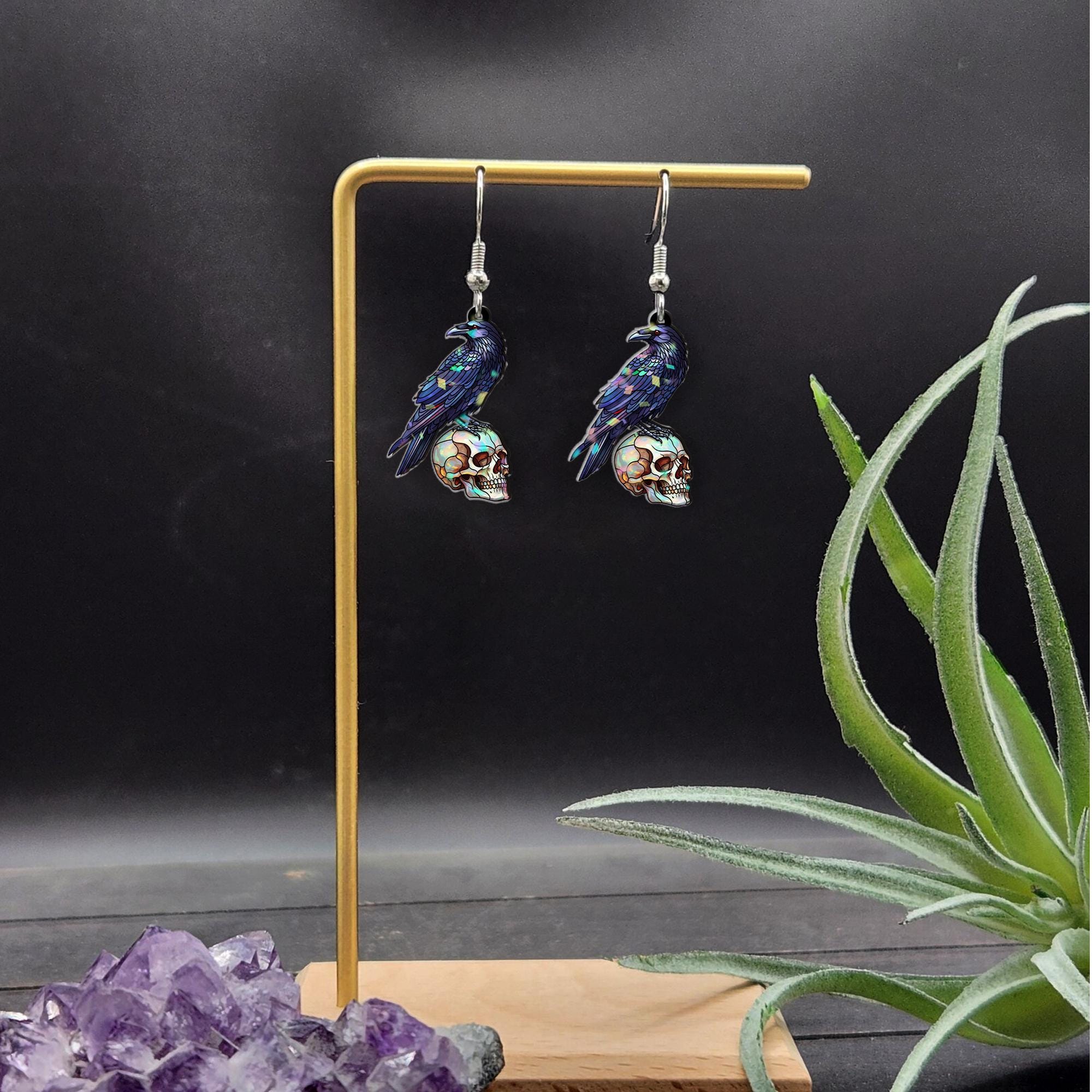 Faux Stained Glass Raven Skull Earrings – Gothic Crow Jewelry, Spooky Halloween Accessory, Dark Academia Aesthetic Gift