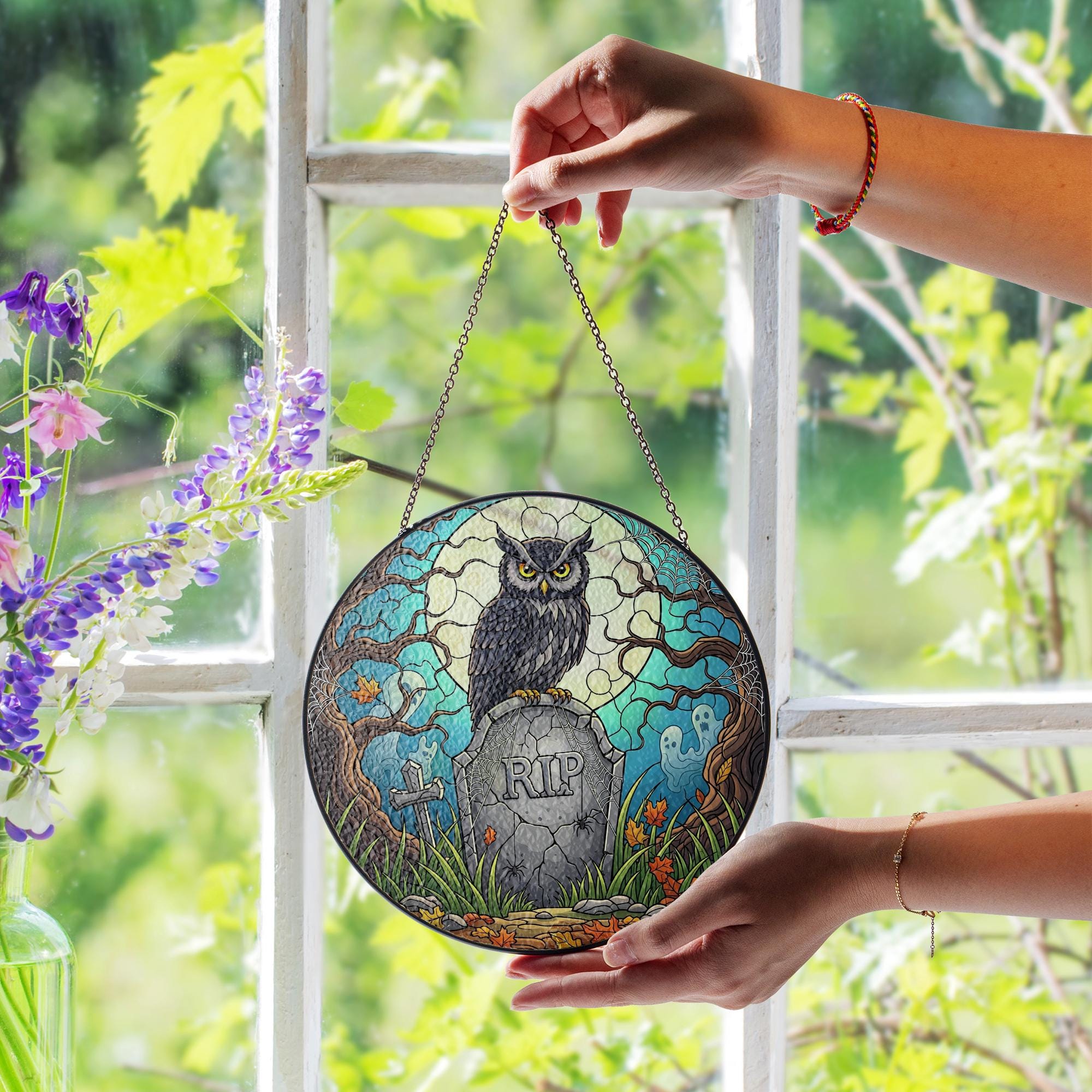 Stained Glass Owl Suncatcher Halloween RIP Graveyard Decor Spooky Gothic Wall Hanging