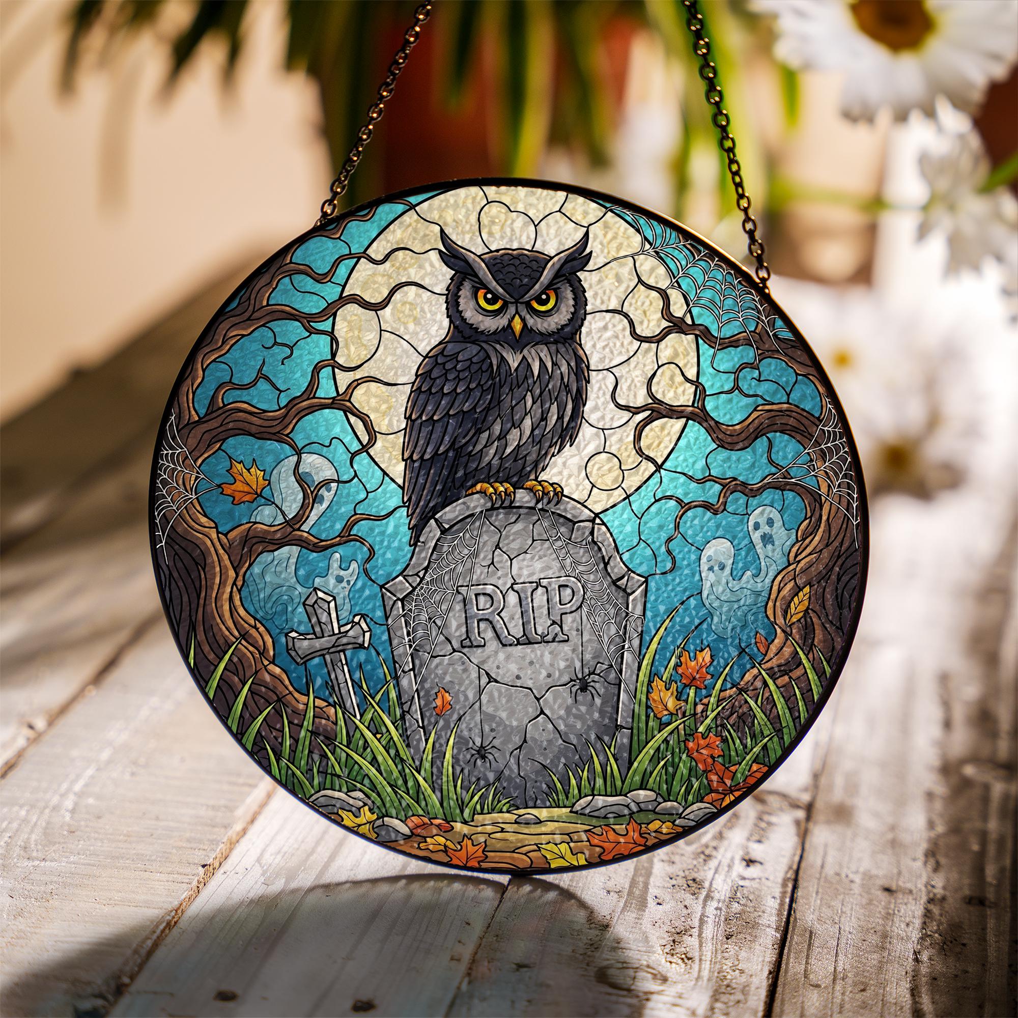 Stained Glass Owl Suncatcher Halloween RIP Graveyard Decor Spooky Gothic Wall Hanging