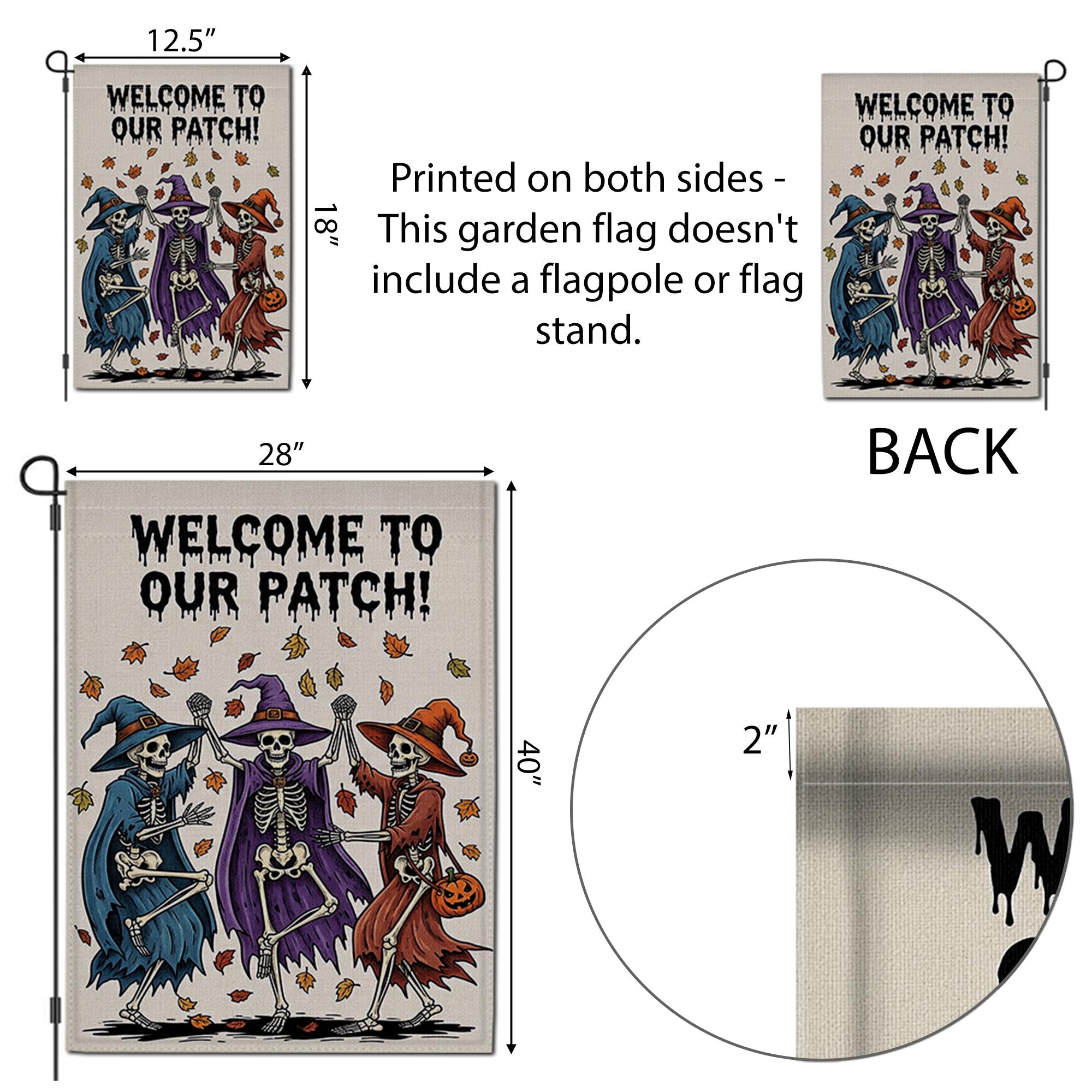 Welcome to Our Patch Garden Flag, Dancing Skeleton Witches Halloween Decor, Funny Fall Yard Sign, Spooky Outdoor Decoration