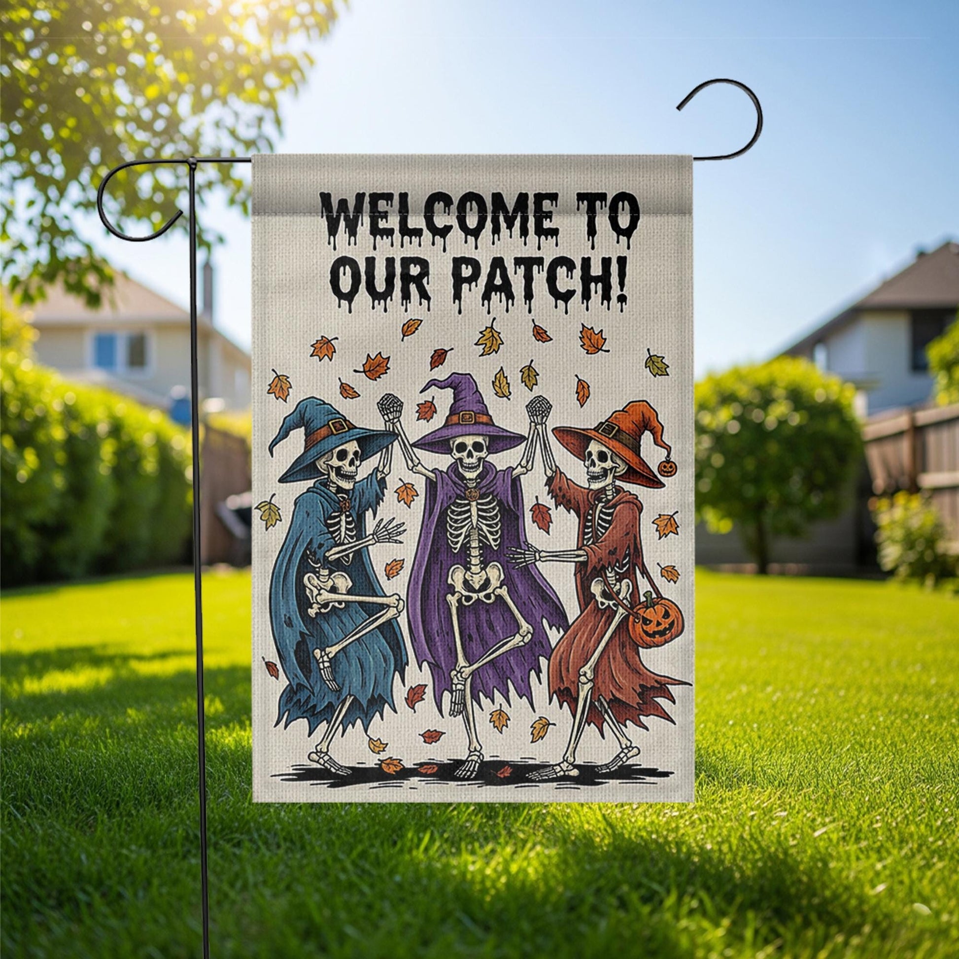 Welcome to Our Patch Garden Flag, Dancing Skeleton Witches Halloween Decor, Funny Fall Yard Sign, Spooky Outdoor Decoration