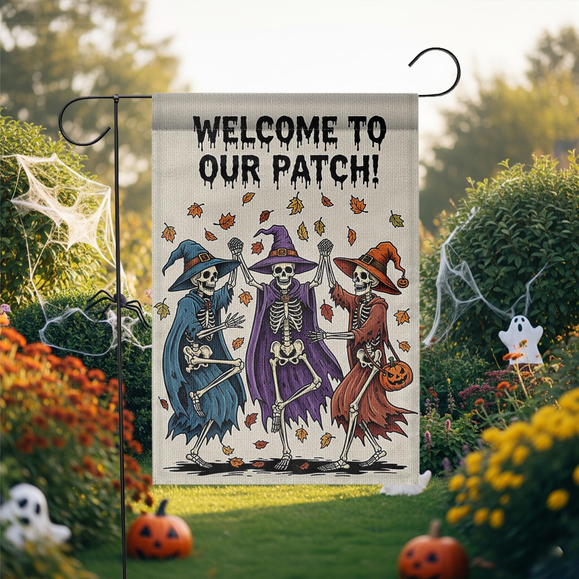 Welcome to Our Patch Garden Flag, Dancing Skeleton Witches Halloween Decor, Funny Fall Yard Sign, Spooky Outdoor Decoration