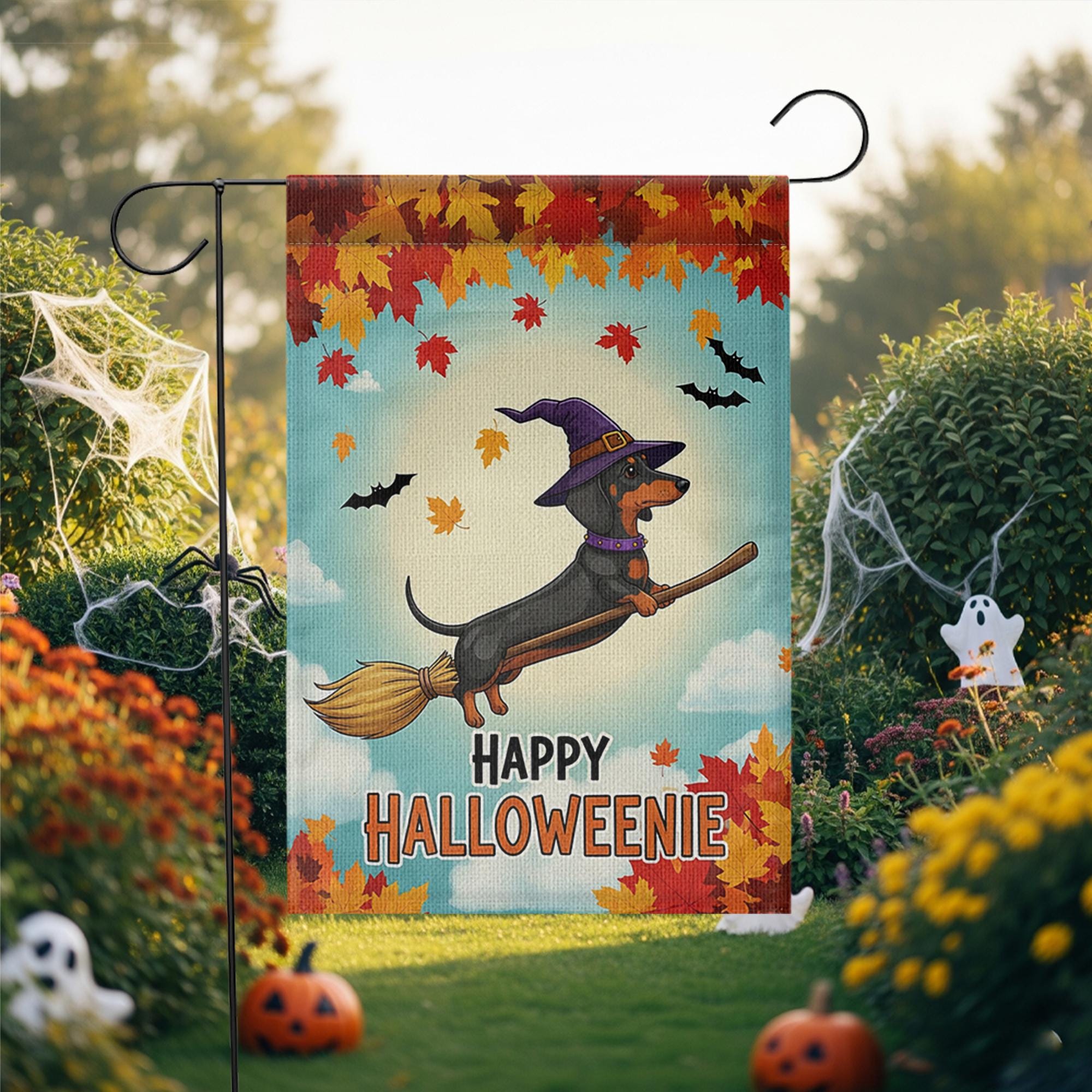 Happy Halloweenie Garden Flag, Dachshund Witch Halloween Decor, Funny Fall Dog Yard Sign, Cute Outdoor Holiday Decoration