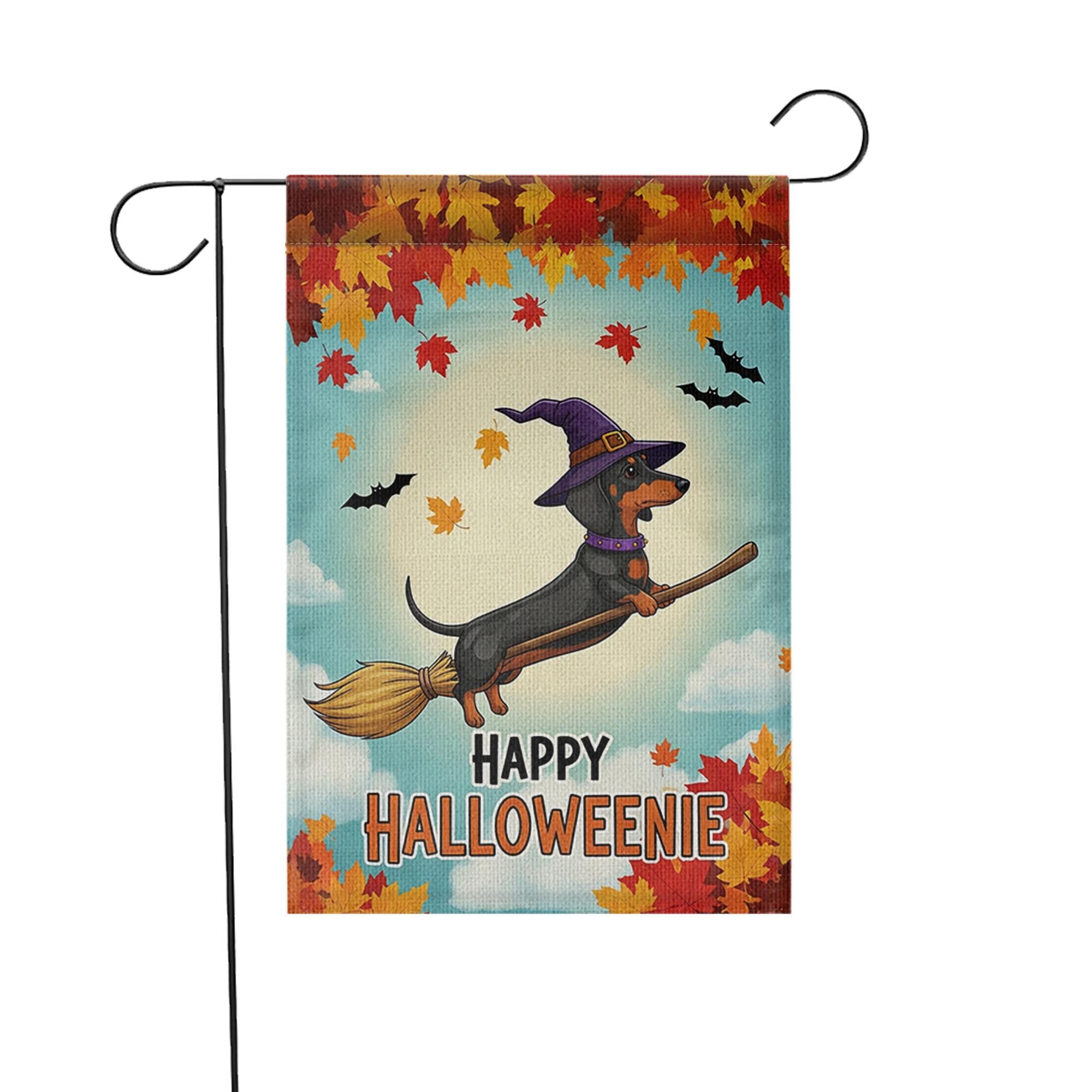 Happy Halloweenie Garden Flag, Dachshund Witch Halloween Decor, Funny Fall Dog Yard Sign, Cute Outdoor Holiday Decoration