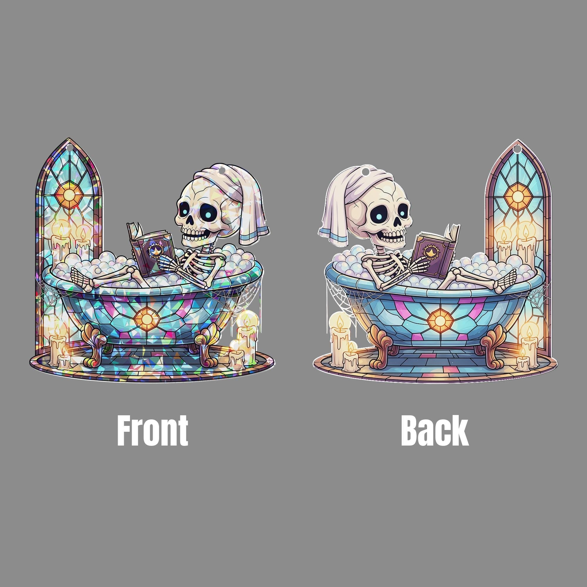 Skeleton Bath Suncatcher Gothic Halloween Window Decor Funny Spa Stained Glass Art