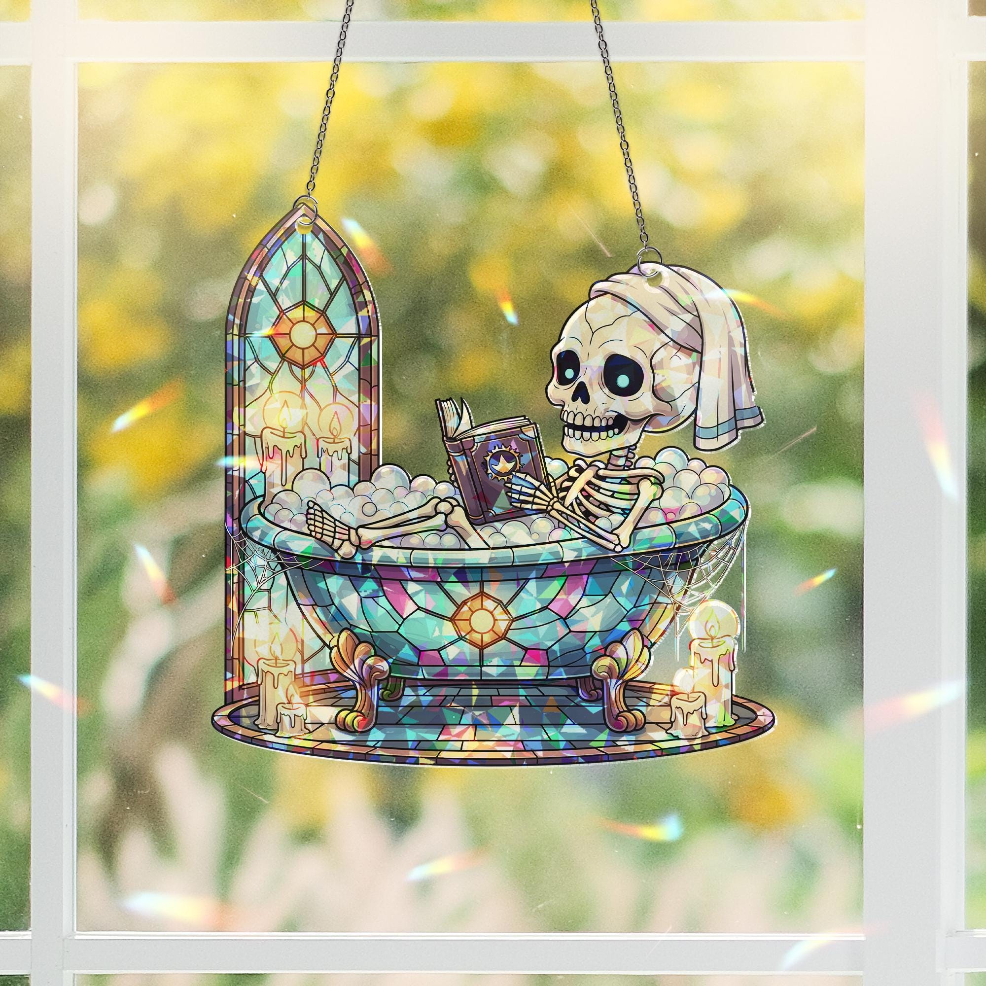 Skeleton Bath Suncatcher Gothic Halloween Window Decor Funny Spa Stained Glass Art