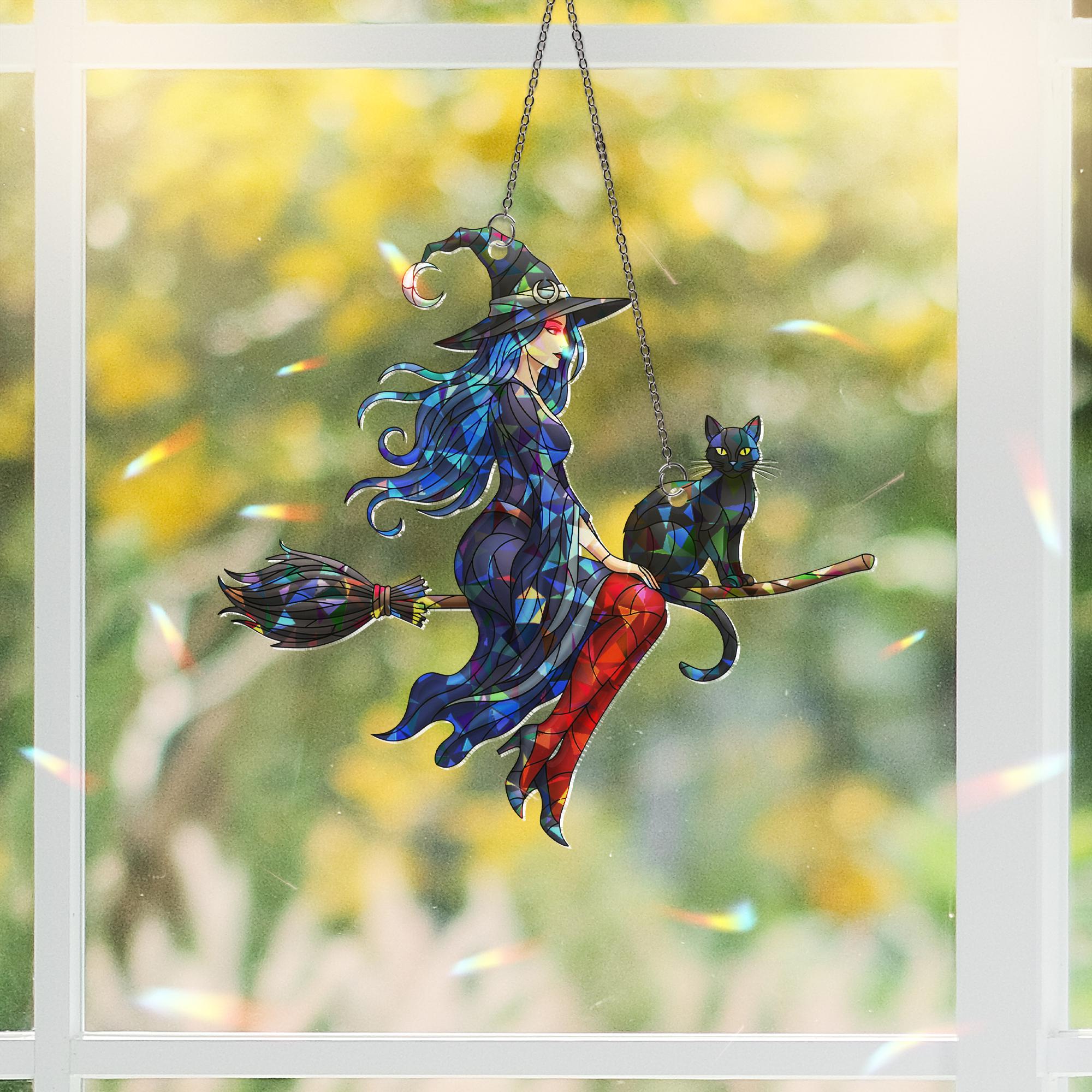 Witch Cat Suncatcher Gothic Halloween Stained Glass Decor Broomstick Window Art