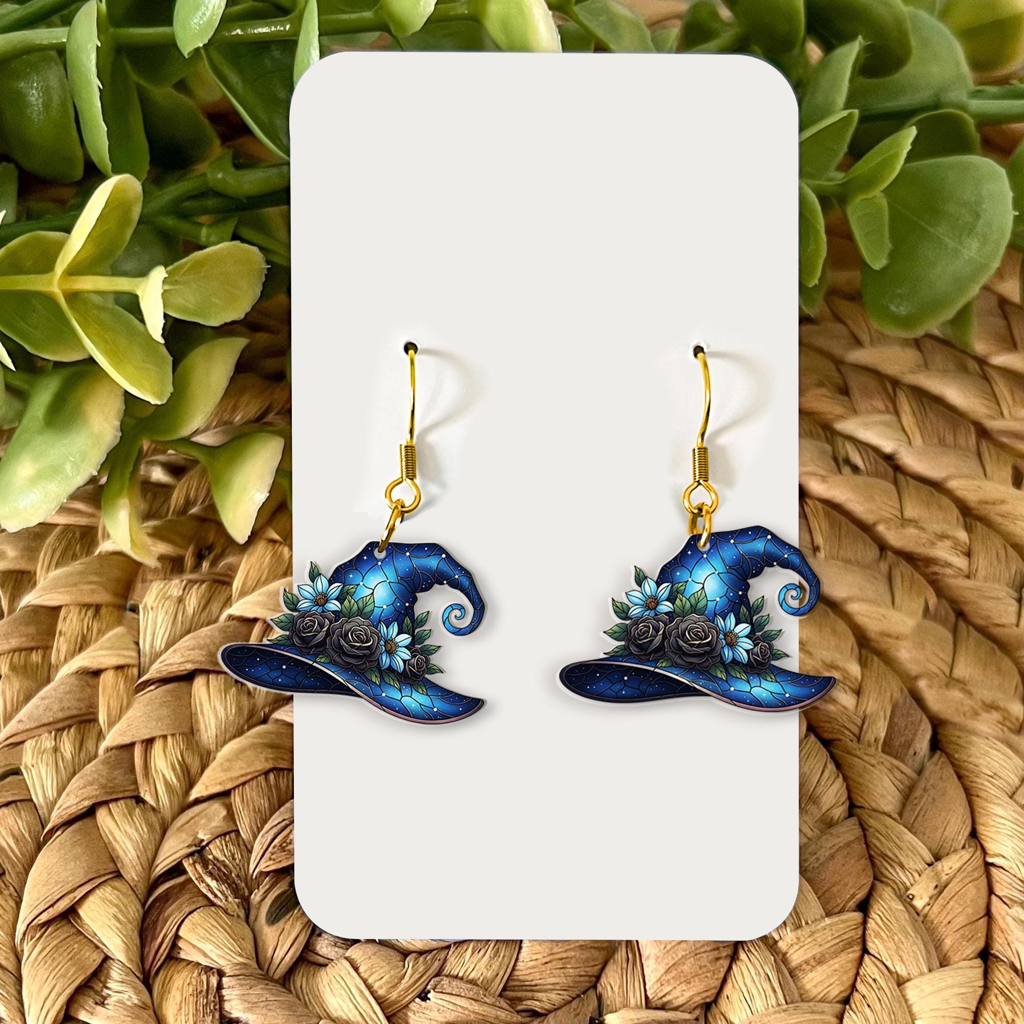 Faux Stained Glass Witch Hat Earrings – Floral Halloween Jewelry, Spooky Gift for Her, Cute Witchcore Accessory, Gothic Charm