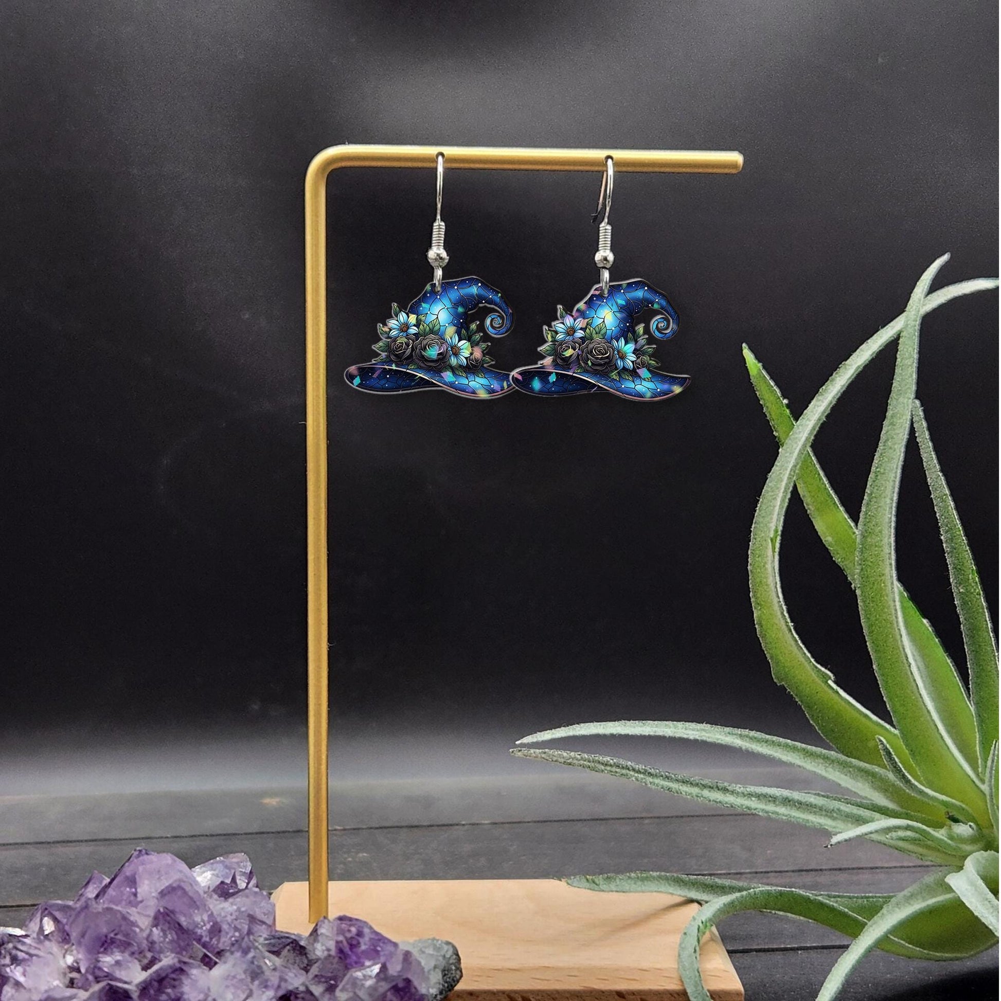 Faux Stained Glass Witch Hat Earrings – Floral Halloween Jewelry, Spooky Gift for Her, Cute Witchcore Accessory, Gothic Charm