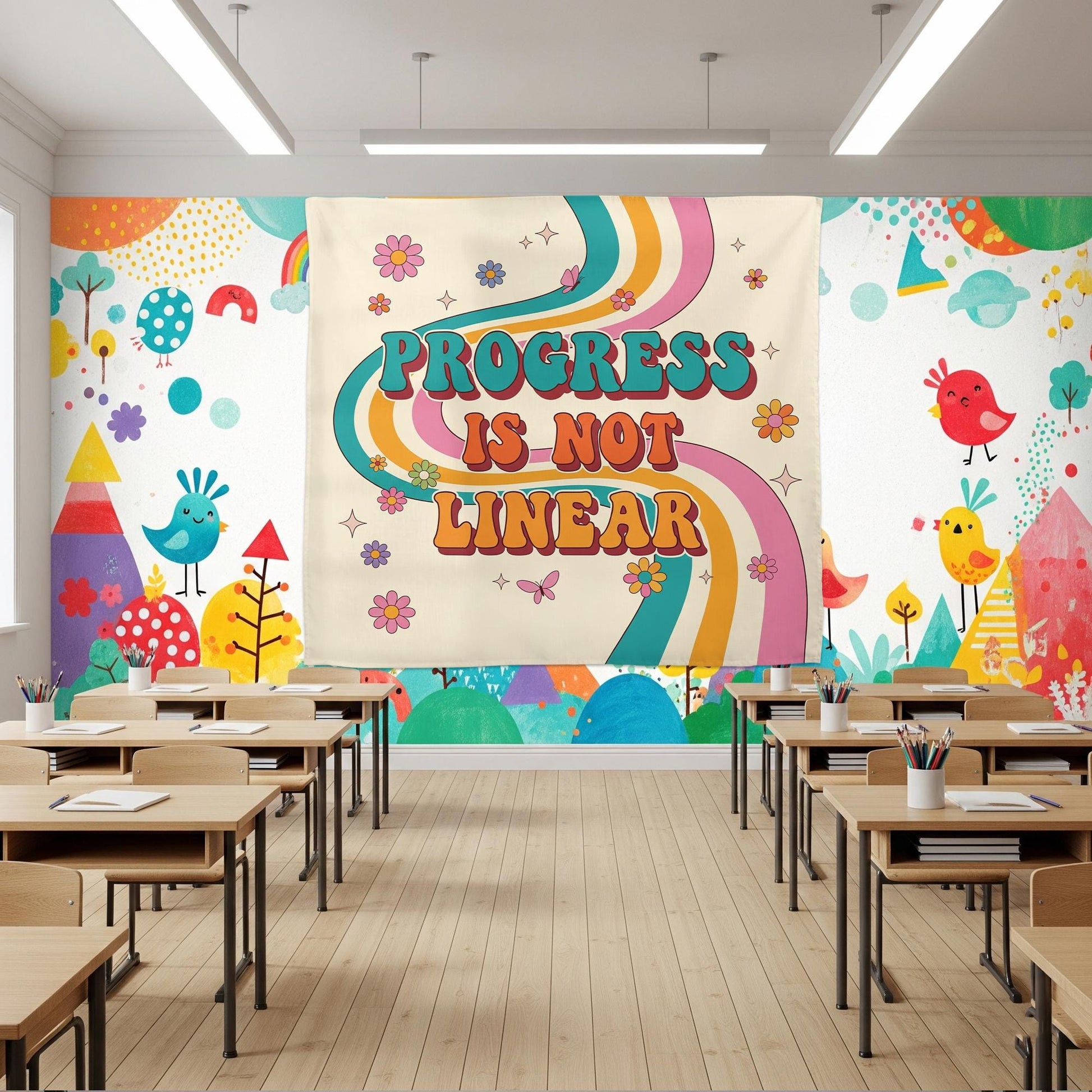 Teacher Classroom Tapestry, Progress Is Not Linear Teacher Tapestry, Teacher Back To School Gifts, Rainbow Motivational Classroom Banner