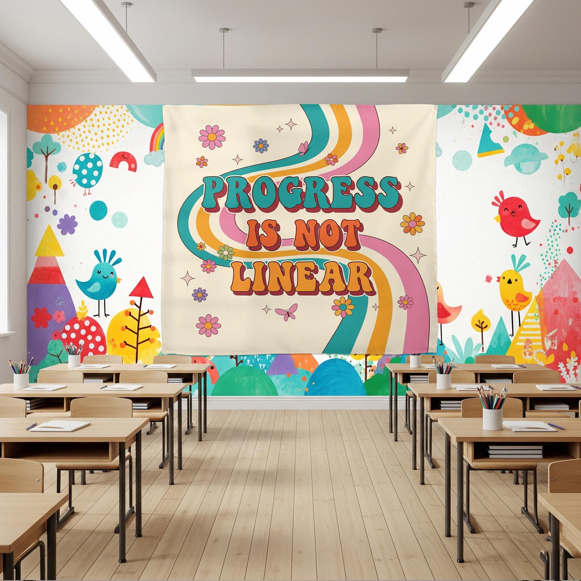 Teacher Classroom Tapestry, Progress Is Not Linear Teacher Tapestry, Teacher Back To School Gifts, Rainbow Motivational Classroom Banner