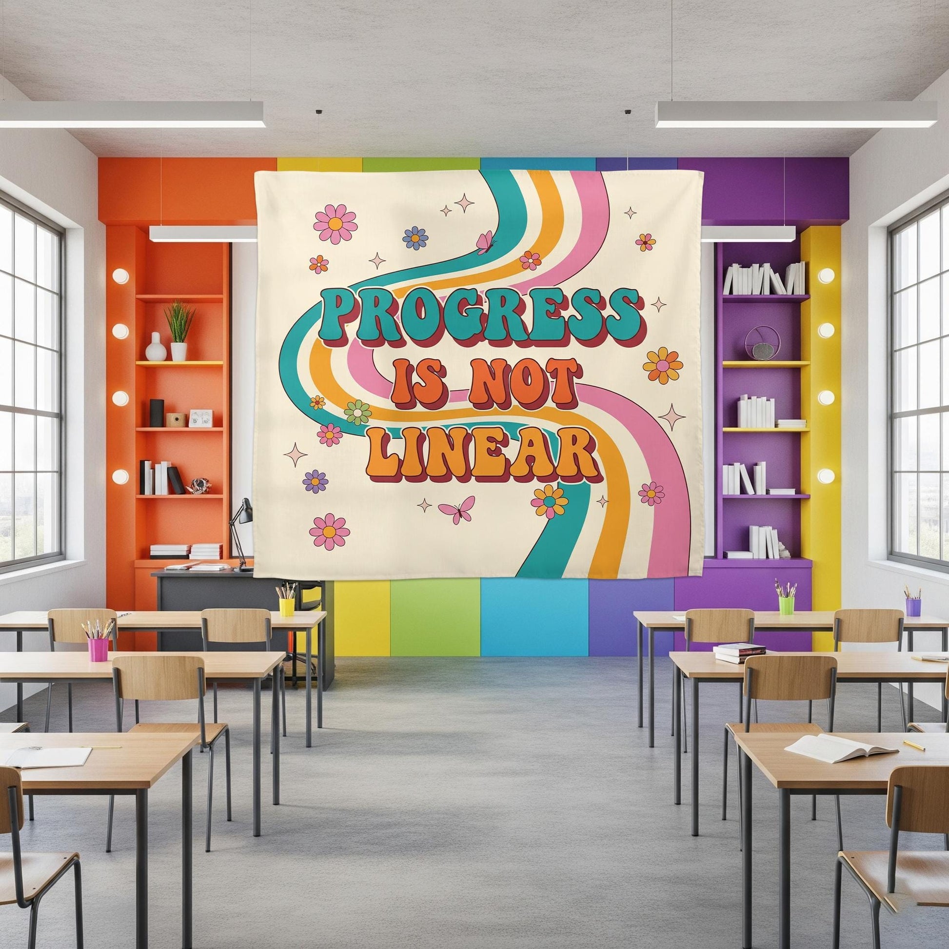 Teacher Classroom Tapestry, Progress Is Not Linear Teacher Tapestry, Teacher Back To School Gifts, Rainbow Motivational Classroom Banner