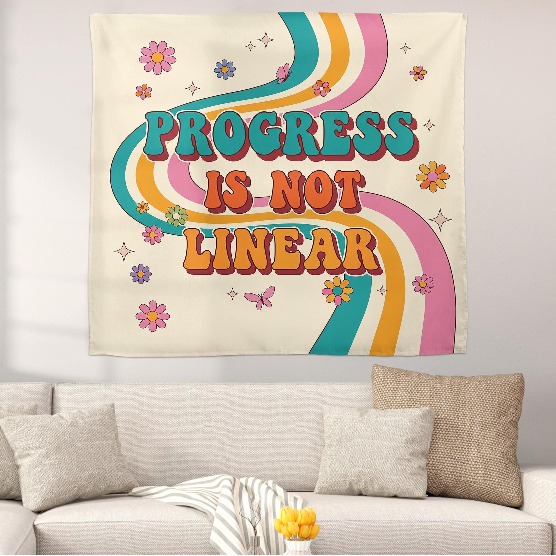 Teacher Classroom Tapestry, Progress Is Not Linear Teacher Tapestry, Teacher Back To School Gifts, Rainbow Motivational Classroom Banner