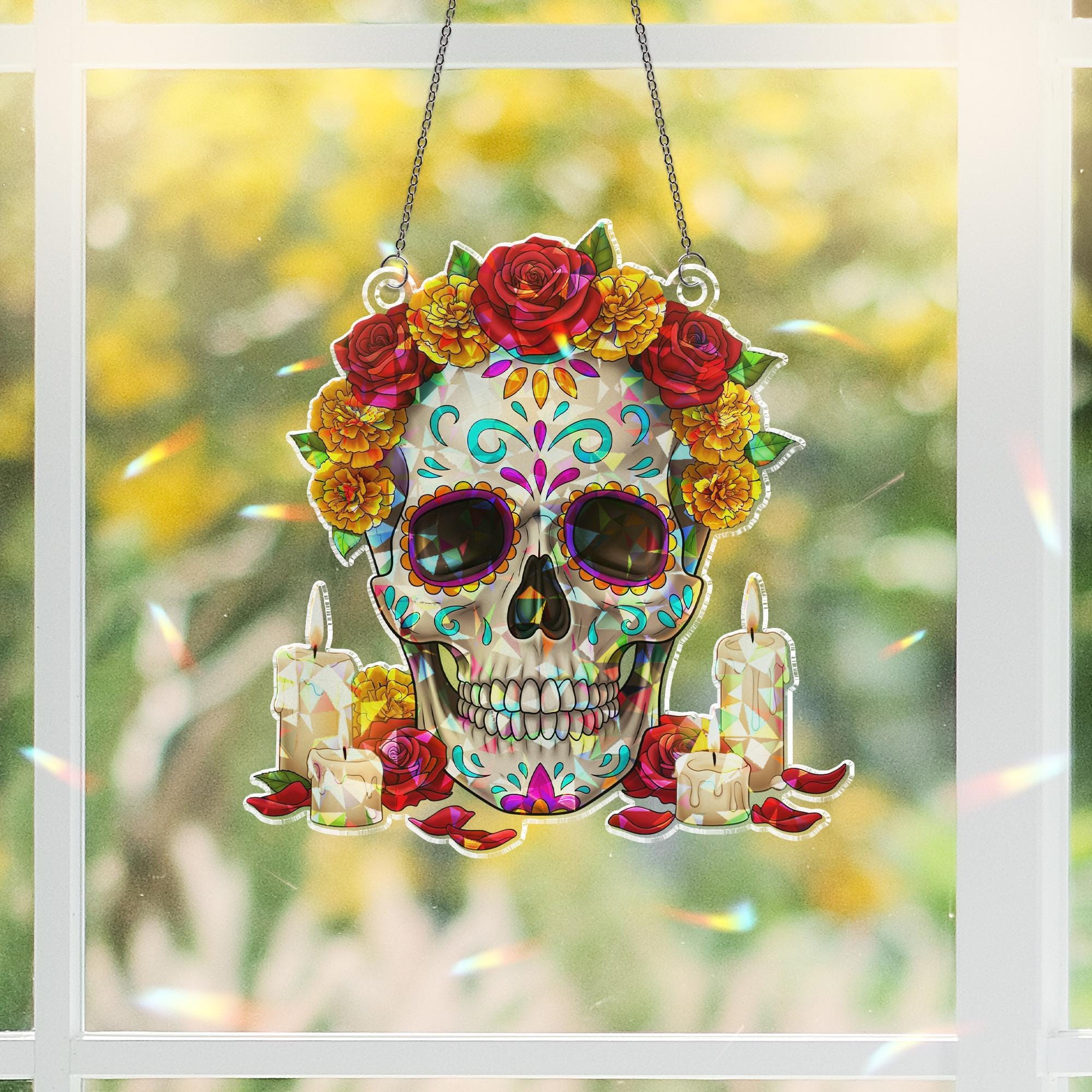 Sugar Skull Suncatcher Day of the Dead Decor Stained Glass Skull Window Hanging