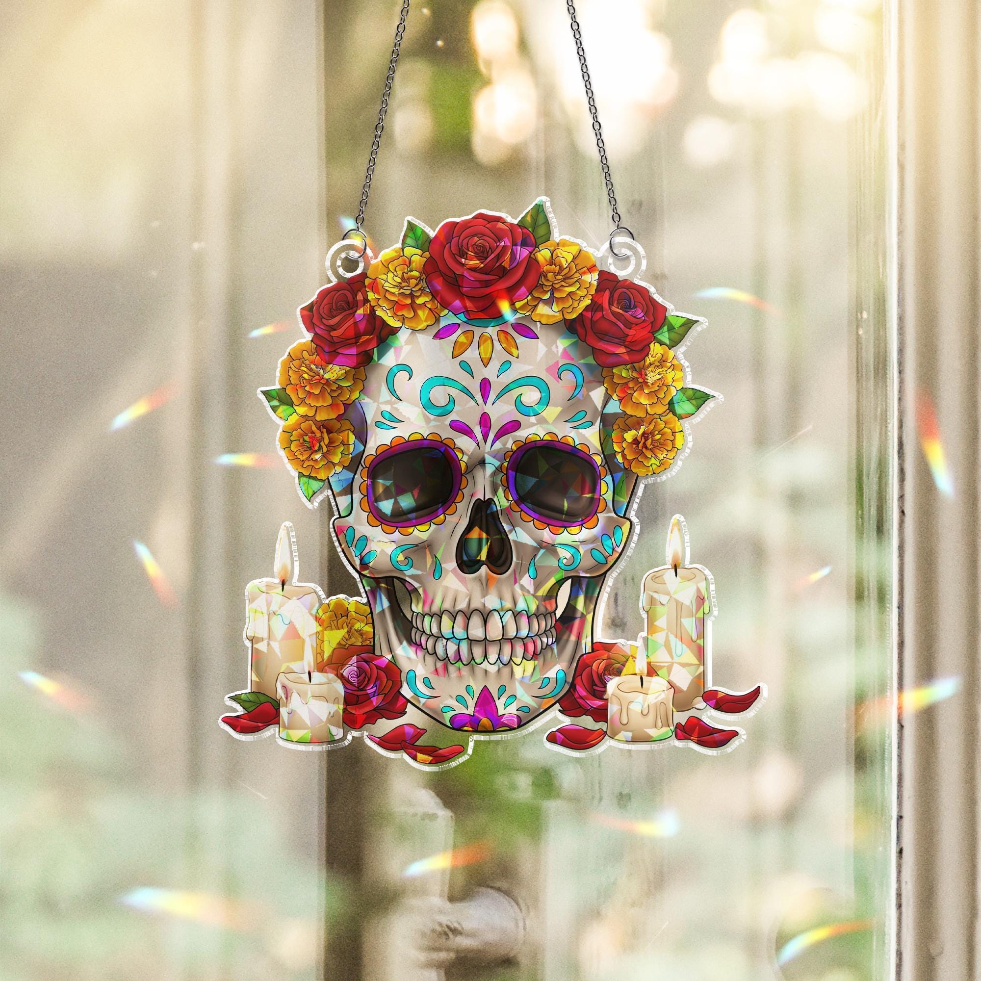 Sugar Skull Suncatcher Day of the Dead Decor Stained Glass Skull Window Hanging