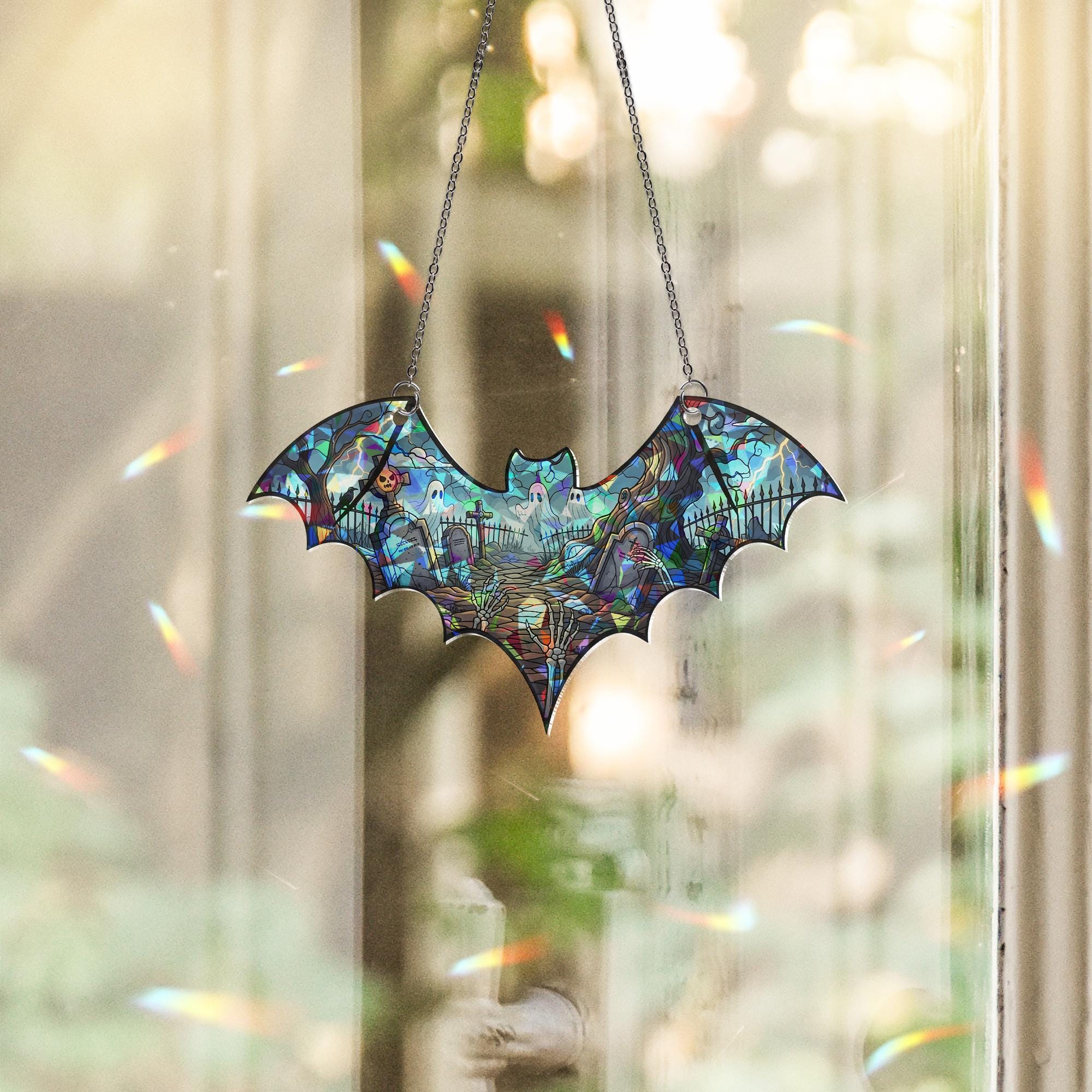 Bat Suncatcher Gothic Halloween Window Hanging Haunted Graveyard Stained Glass Art