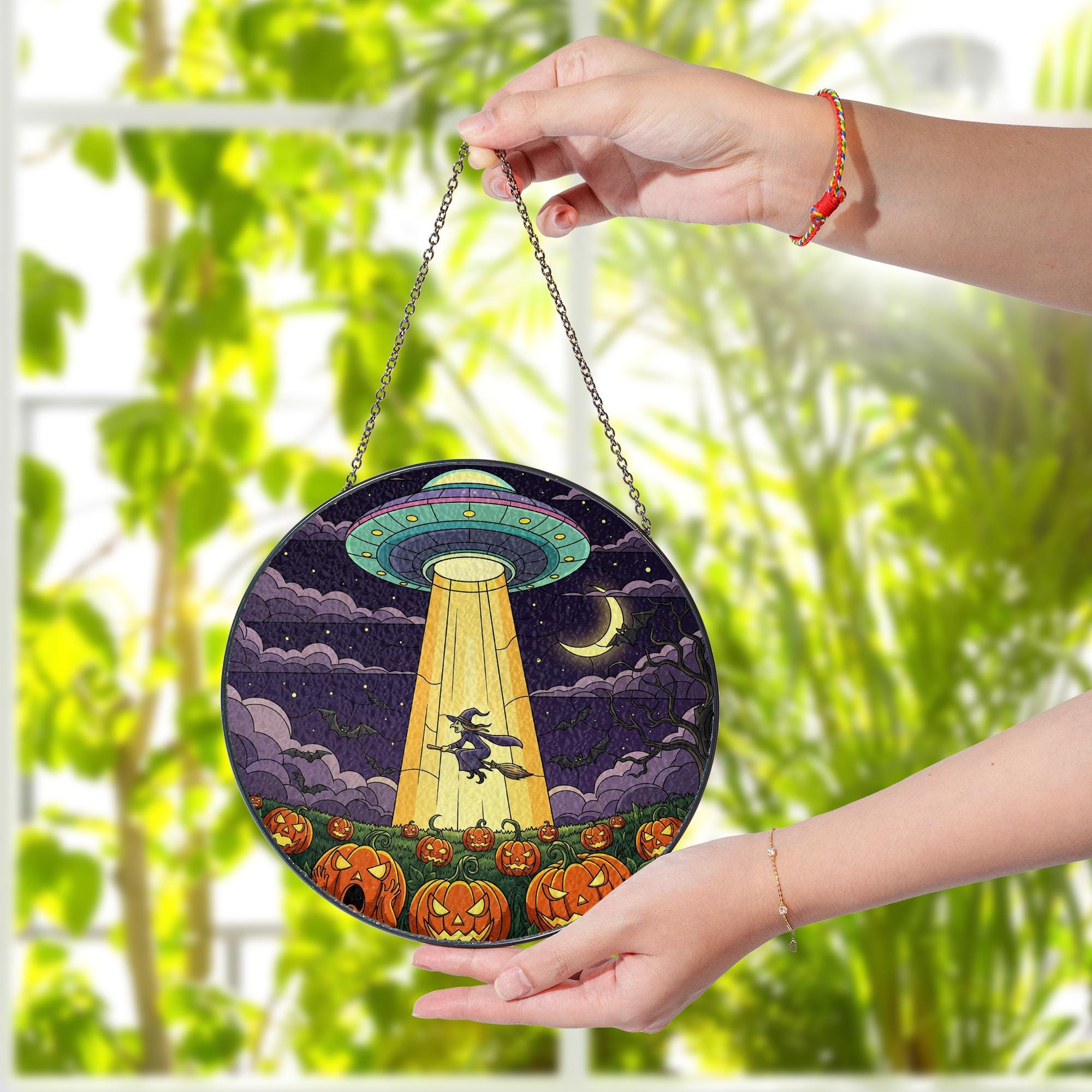 UFO Witch Halloween Suncatcher – Alien Pumpkin Flying Witch Window Decor Gift