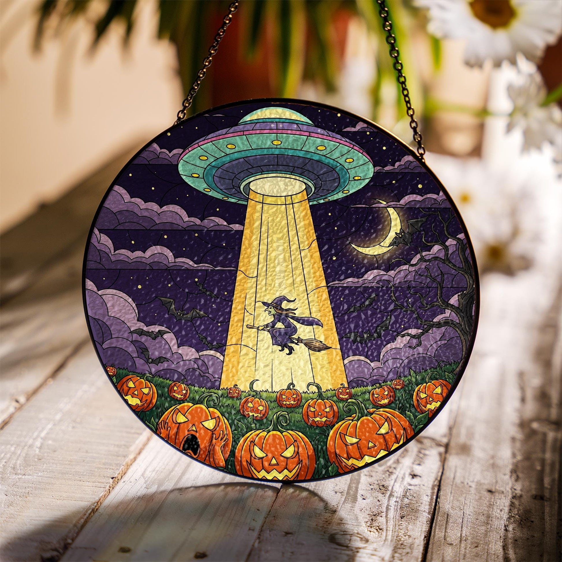 UFO Witch Halloween Suncatcher – Alien Pumpkin Flying Witch Window Decor Gift