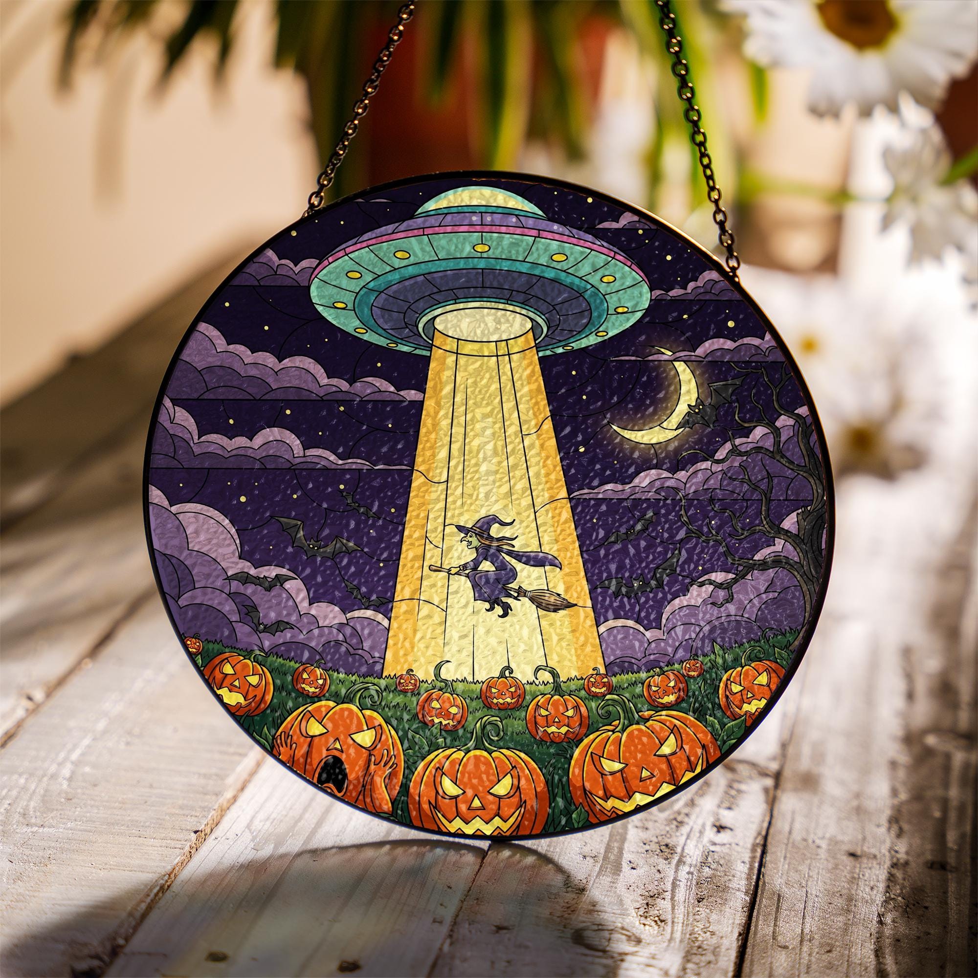 UFO Witch Halloween Suncatcher – Alien Pumpkin Flying Witch Window Decor Gift