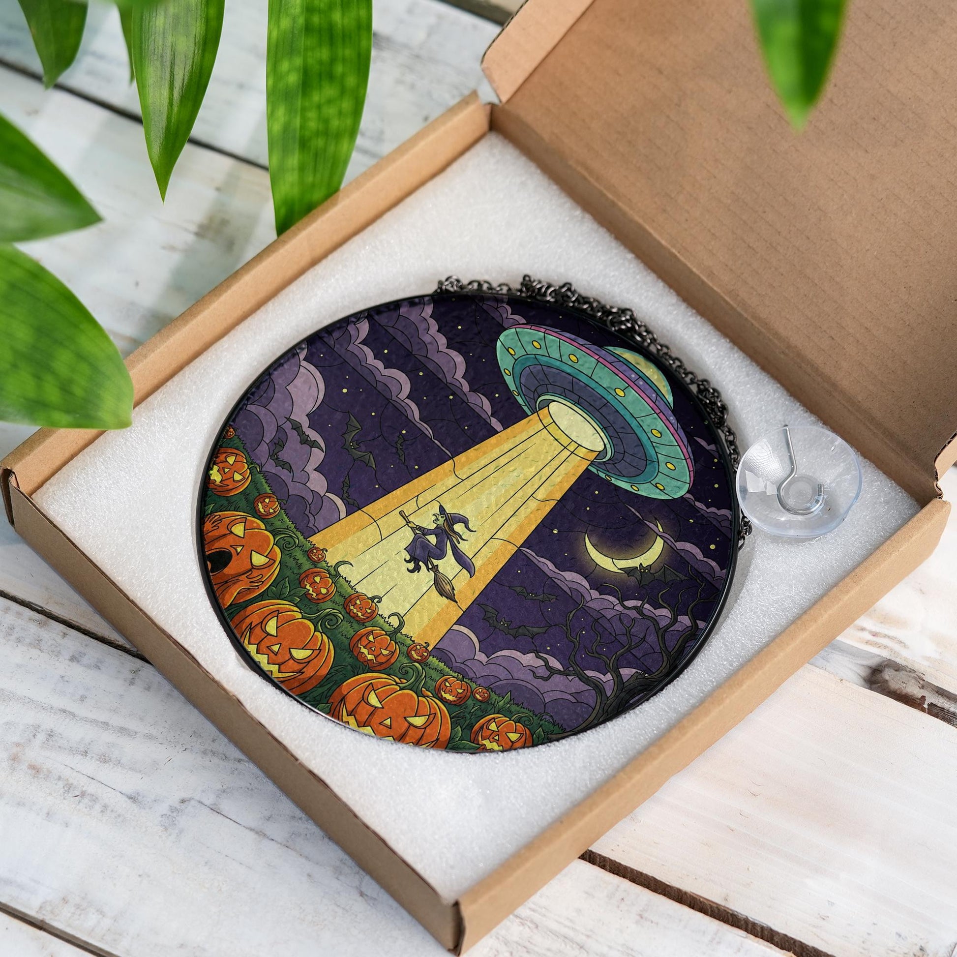 UFO Witch Halloween Suncatcher – Alien Pumpkin Flying Witch Window Decor Gift