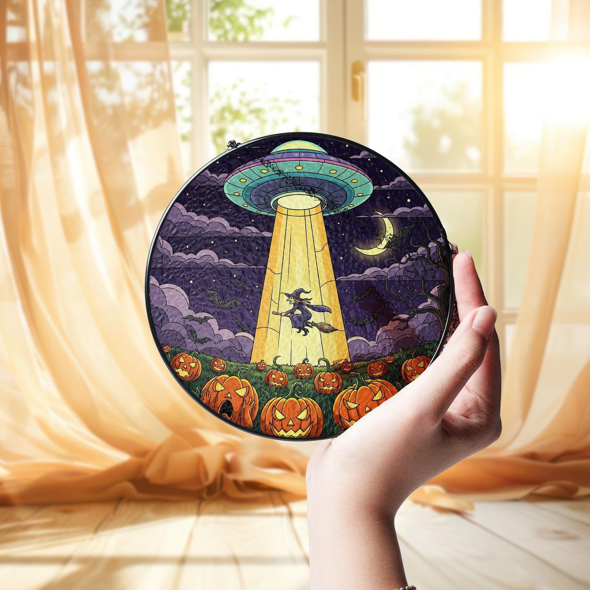 UFO Witch Halloween Suncatcher – Alien Pumpkin Flying Witch Window Decor Gift