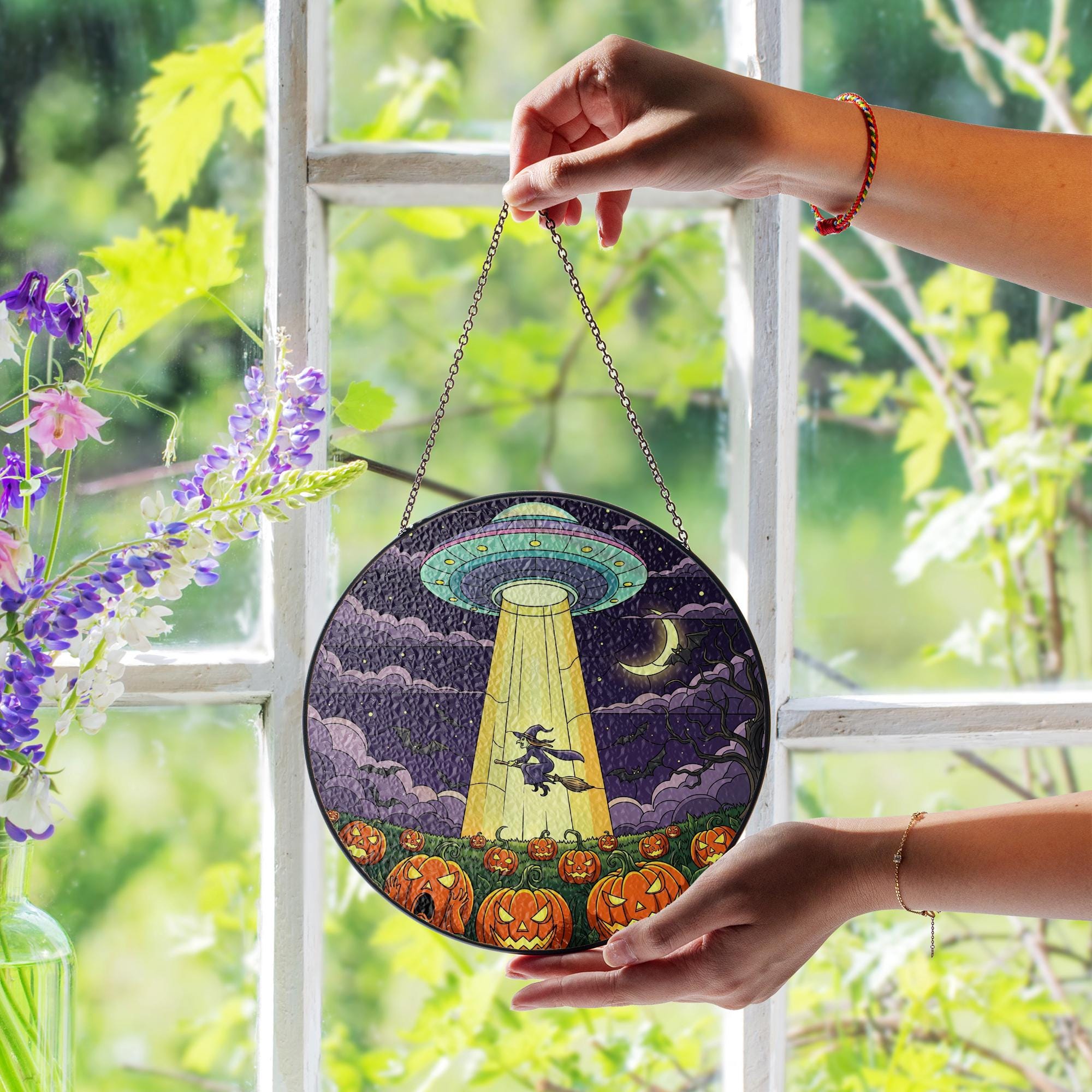 UFO Witch Halloween Suncatcher – Alien Pumpkin Flying Witch Window Decor Gift