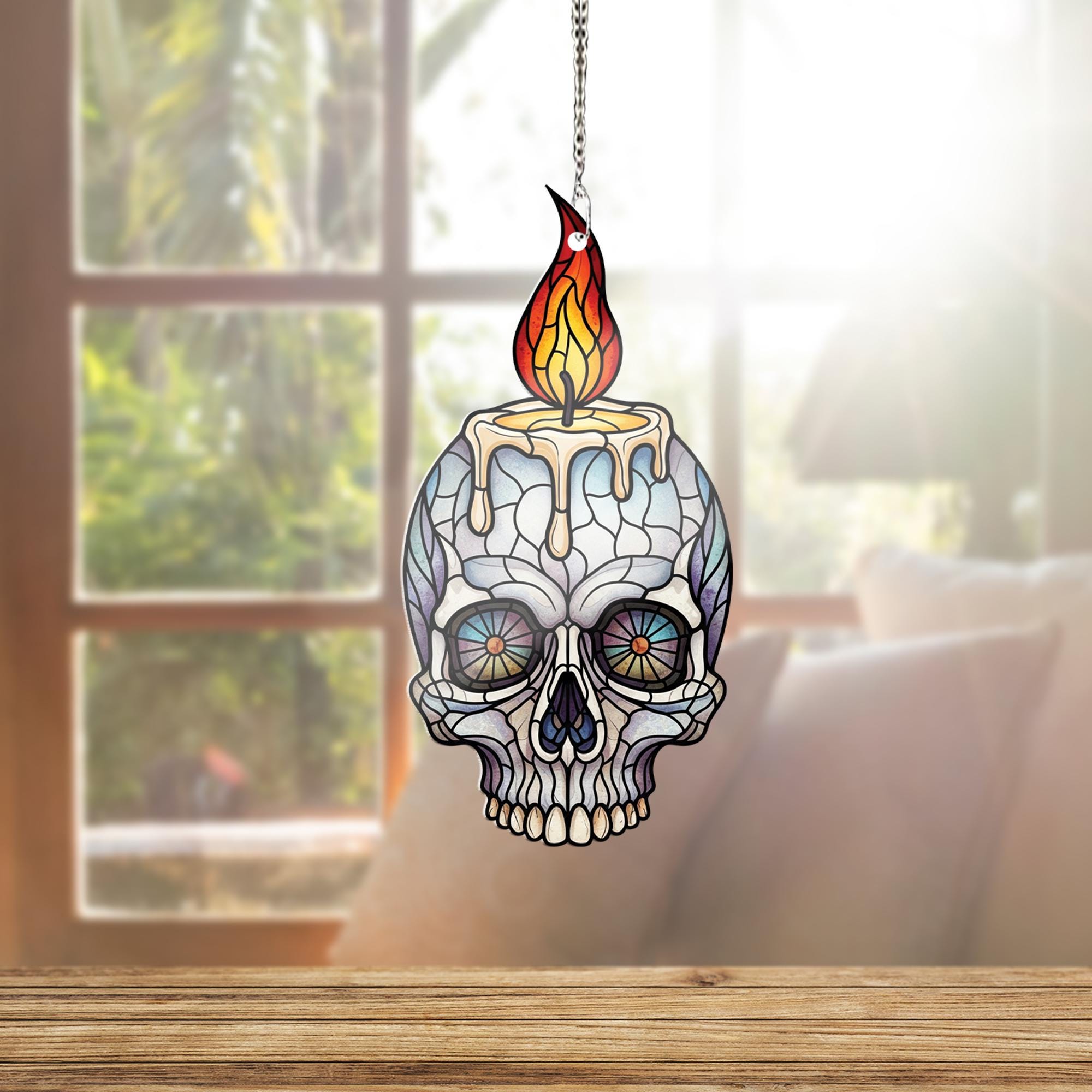 Faux Stained Glass Skull Candle Window Hanging – Gothic Halloween Decor, Spooky Sun Catcher, Horror Gift for Skull Lovers
