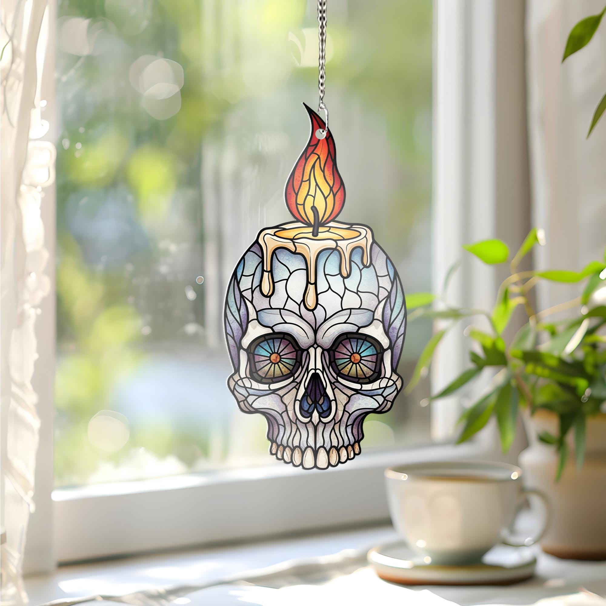 Faux Stained Glass Skull Candle Window Hanging – Gothic Halloween Decor, Spooky Sun Catcher, Horror Gift for Skull Lovers