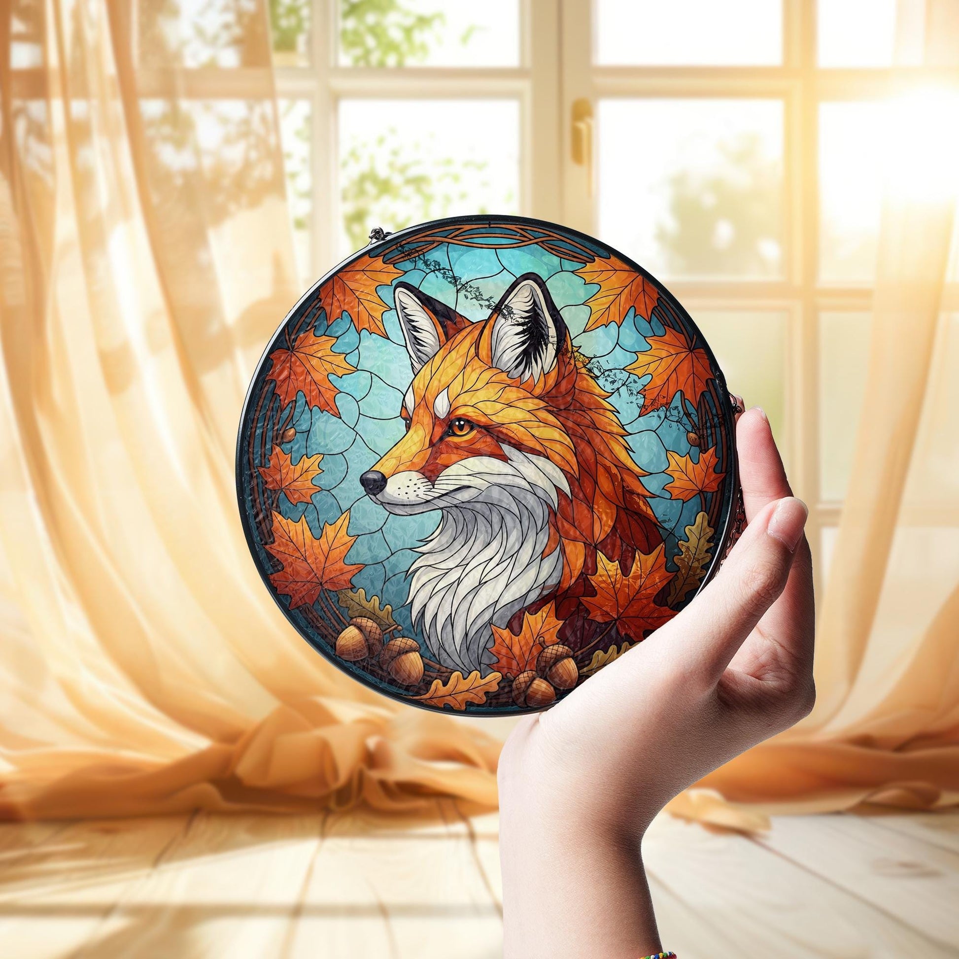 Autumn Fox Stained Glass Suncatcher, Fall Decor Window Hanging, Woodland Animal Gift, Maple Leaf Acorn Art