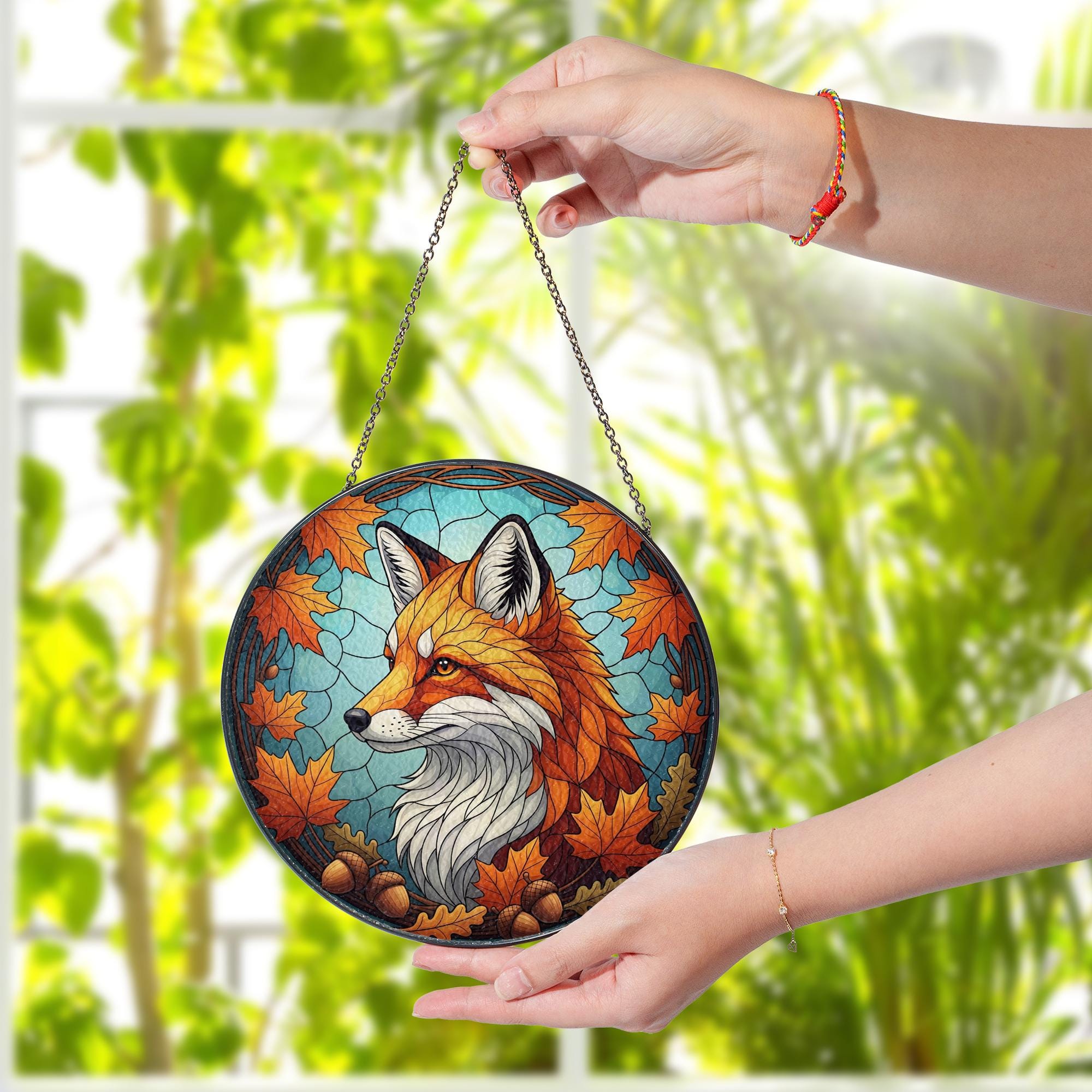 Autumn Fox Stained Glass Suncatcher, Fall Decor Window Hanging, Woodland Animal Gift, Maple Leaf Acorn Art