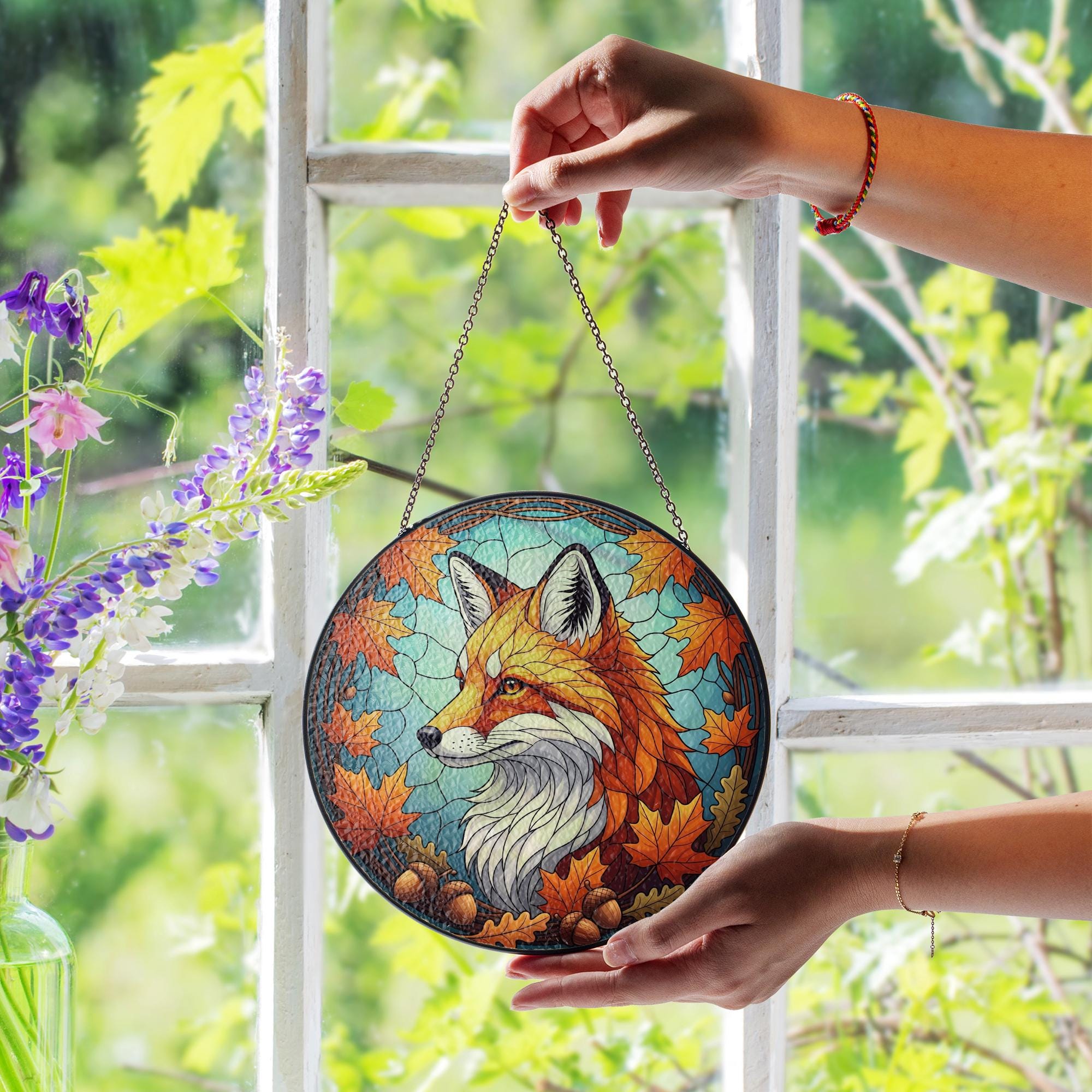 Autumn Fox Stained Glass Suncatcher, Fall Decor Window Hanging, Woodland Animal Gift, Maple Leaf Acorn Art