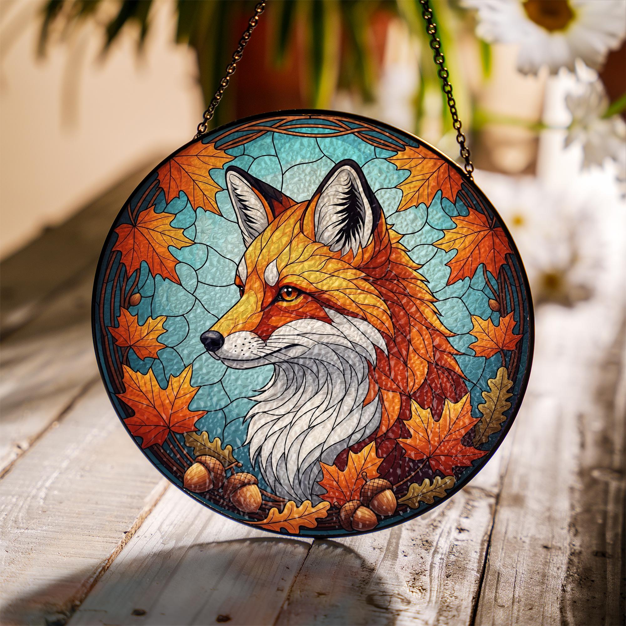 Autumn Fox Stained Glass Suncatcher, Fall Decor Window Hanging, Woodland Animal Gift, Maple Leaf Acorn Art