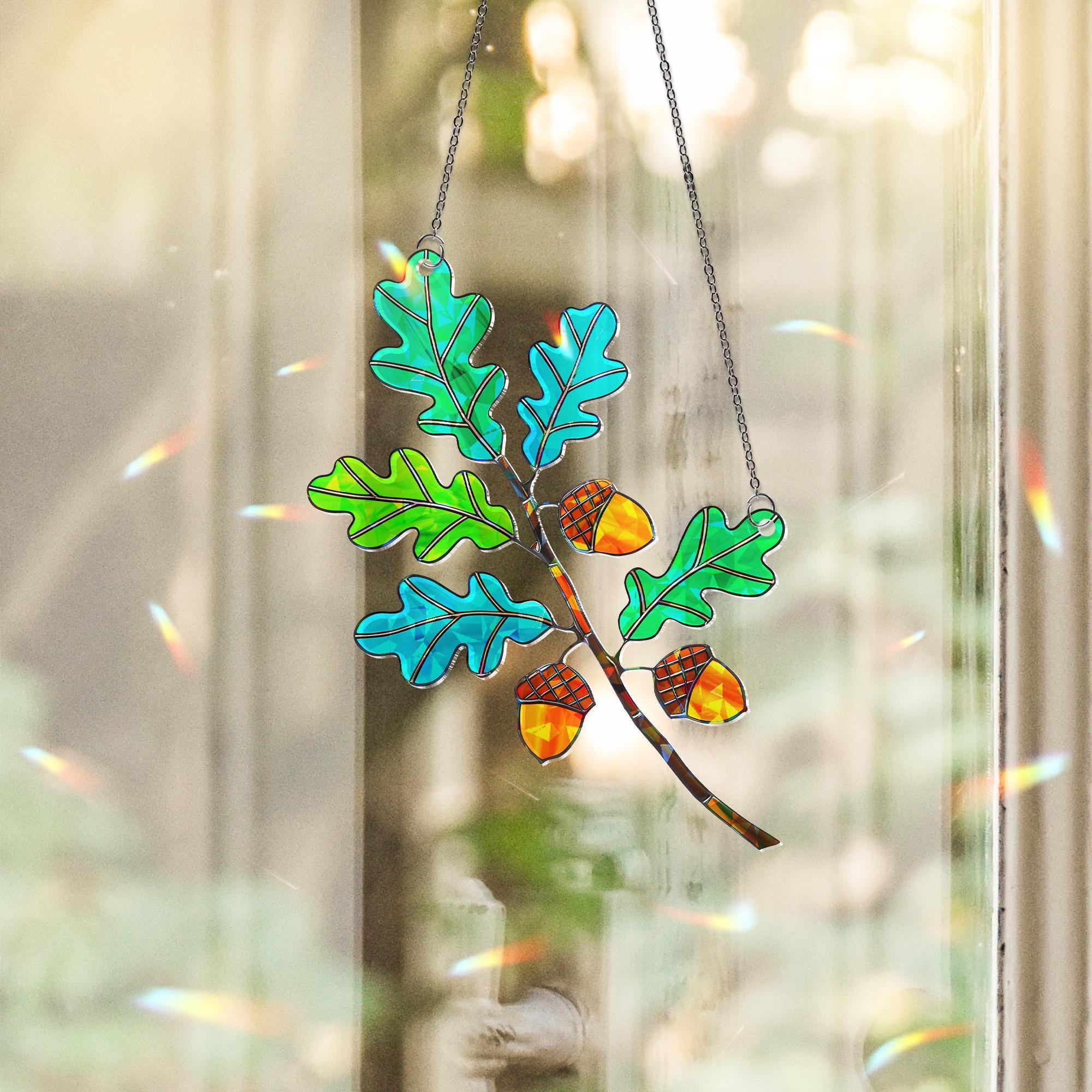 Stained Glass Oak Leaves and Acorns Suncatcher – Autumn Window Decor Nature Gift
